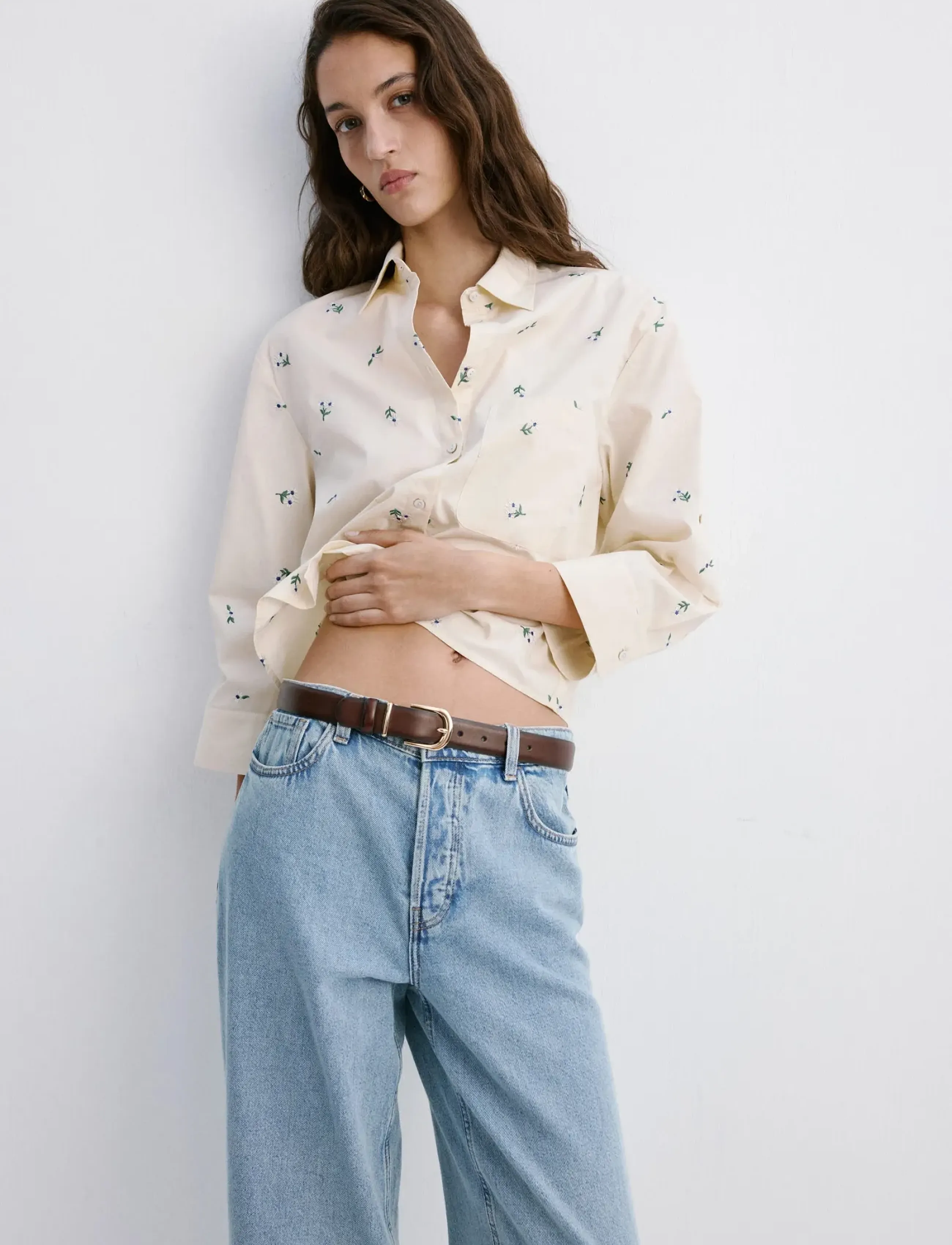 Mango Embroidered Cotton Shirt, S, Shirts, Gelb - Long-sleeved, Frauen