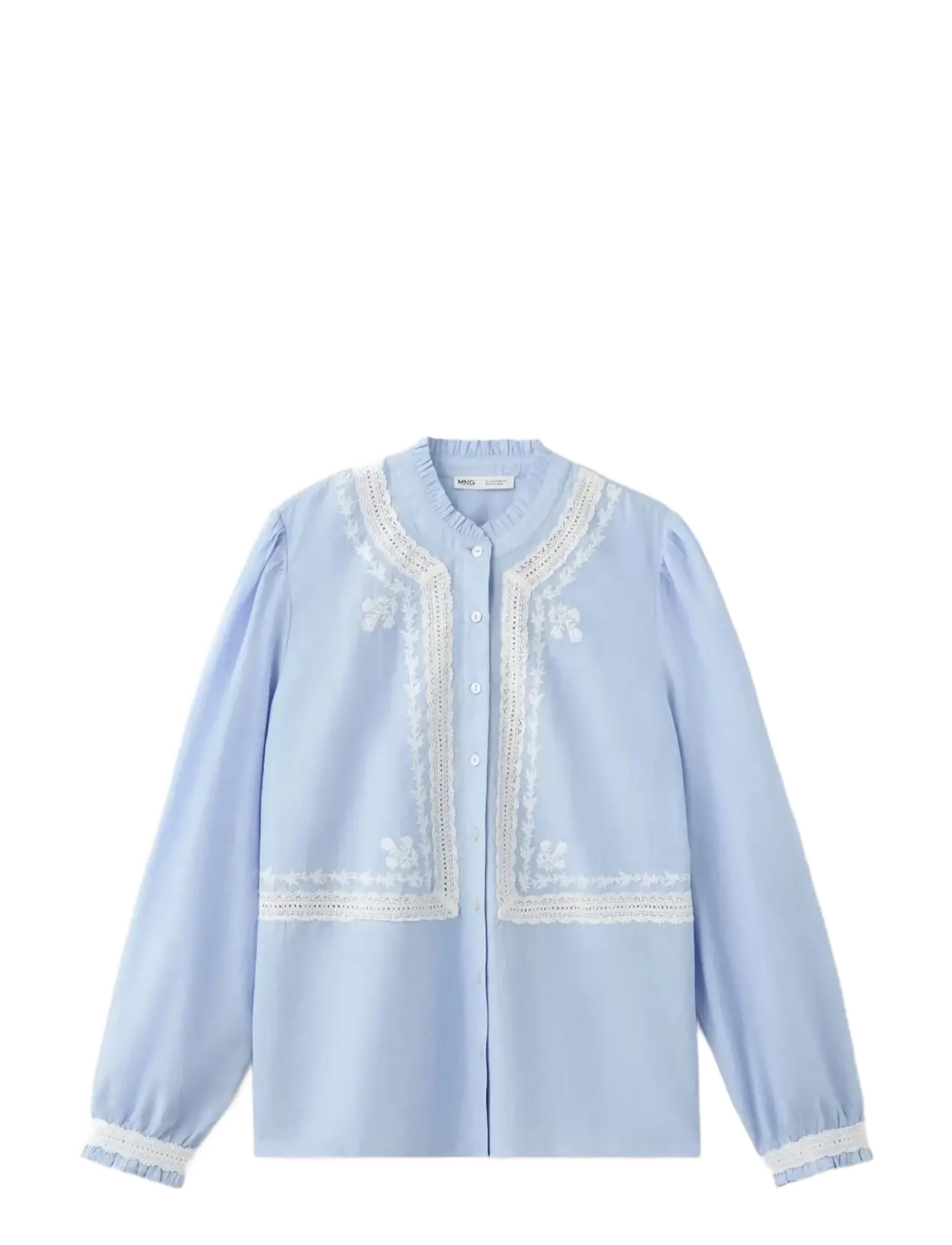 Mango Embroidered Cotton Blouse With Ruched Details, XS, Blouses, Blau - Long-sleeved, Frauen