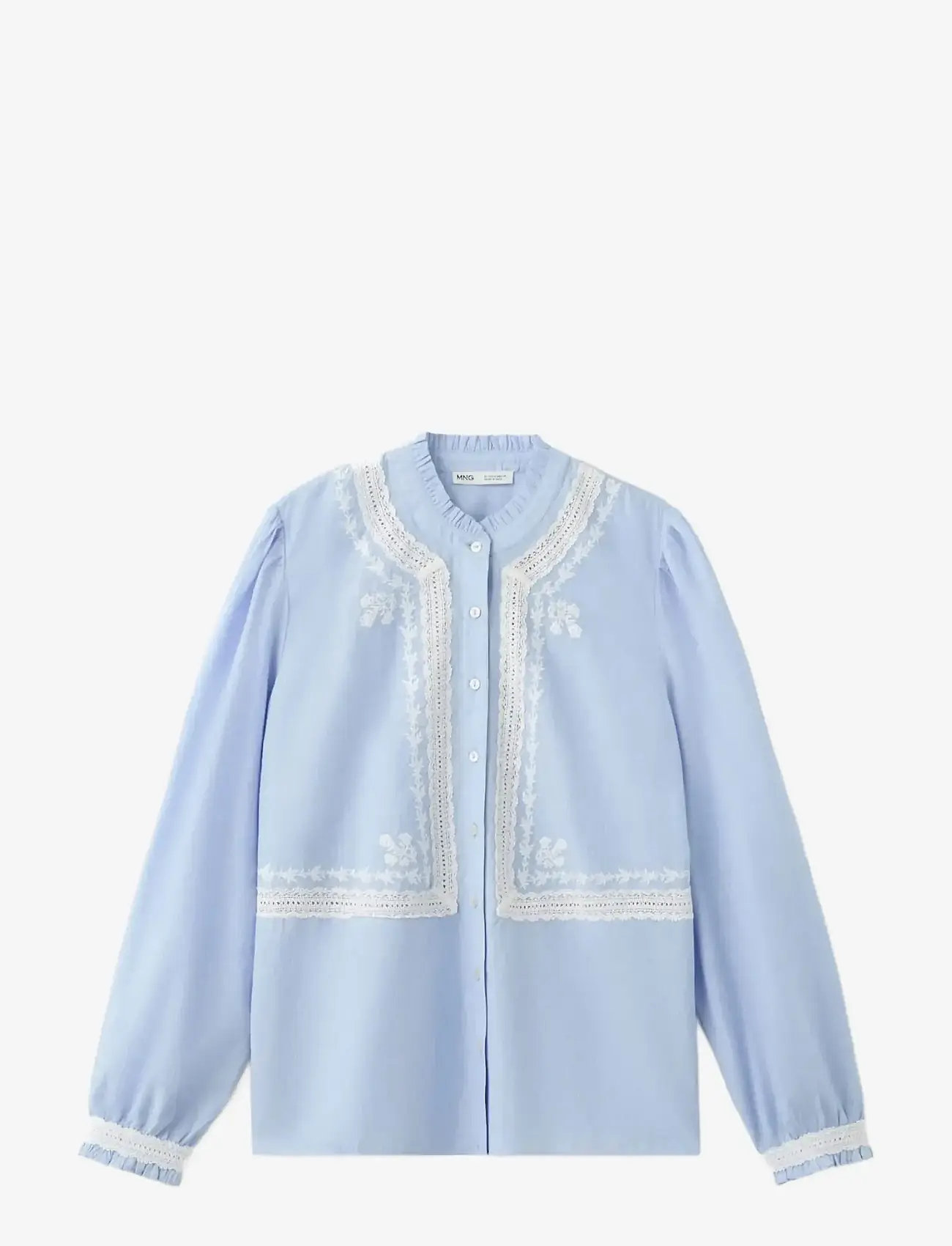 Mango - Embroidered cotton blouse with ruched details - langærmede bluser - lt-pastel blue - 0