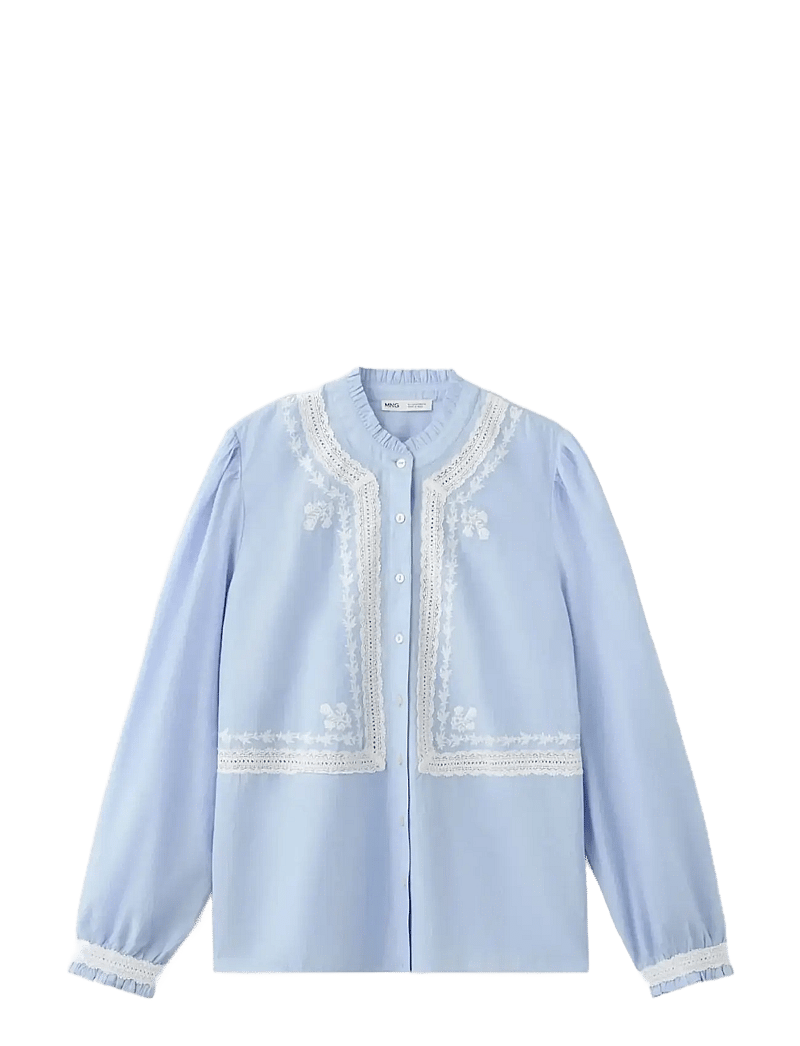 Mango - Embroidered cotton blouse with ruched details - langærmede bluser - lt-pastel blue - 0