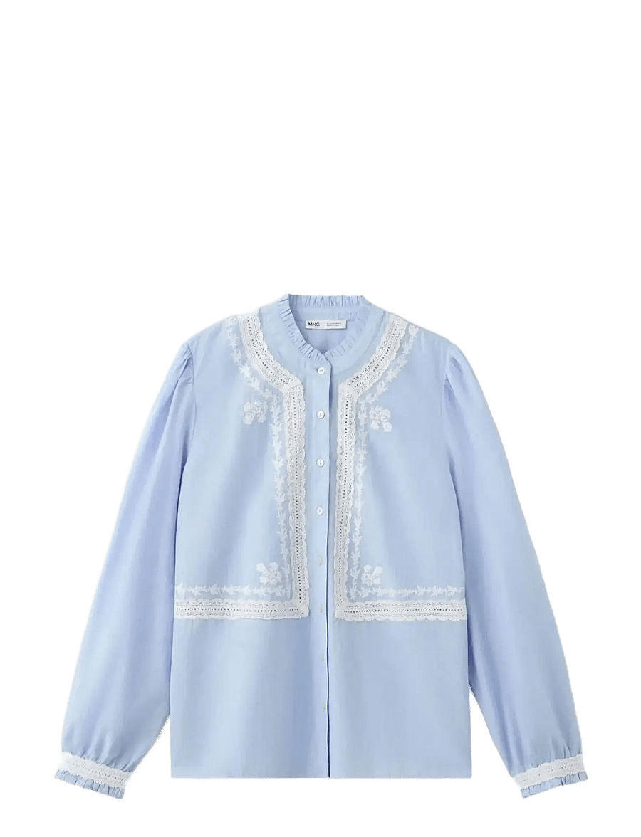 Mango - Embroidered cotton blouse with ruched details - langærmede bluser - lt-pastel blue - 0