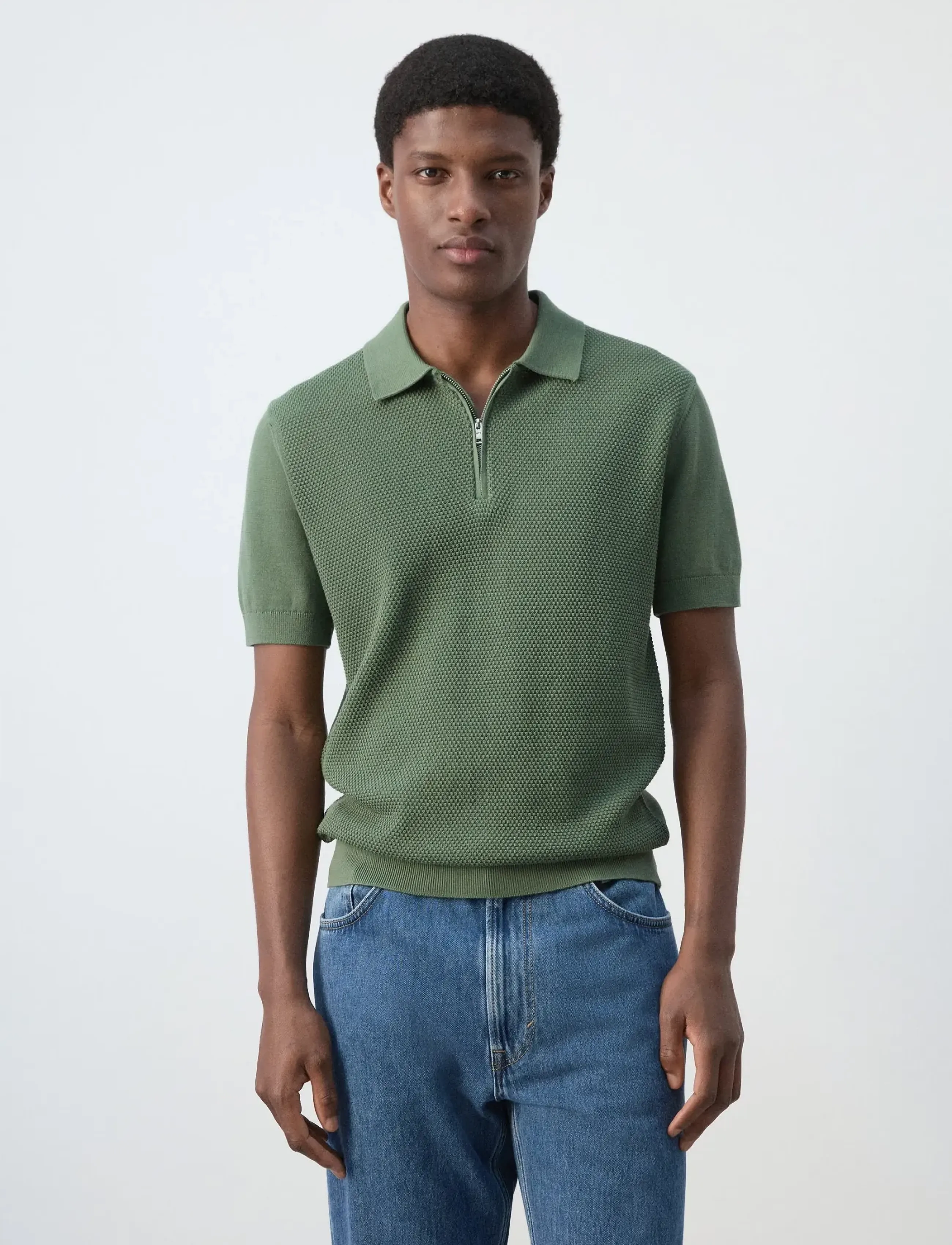 Mango Openwork knitted polo shirt with zip - Mango - GREEN / green