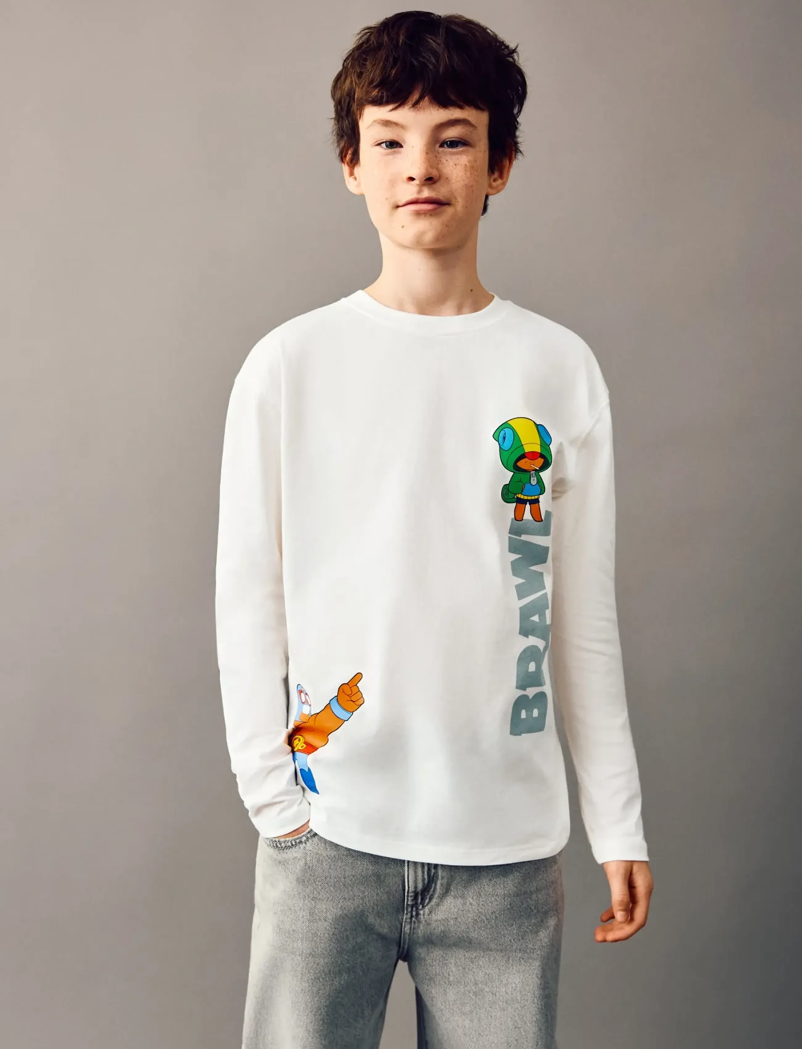 Mango Brawl Stars T-Shirt, Børn, Langærmet T-Shirt, Cream, Str: 9-10