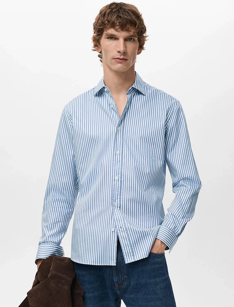Mango - Regular fit striped cotton shirt - stribede skjorter - medium blue - 0