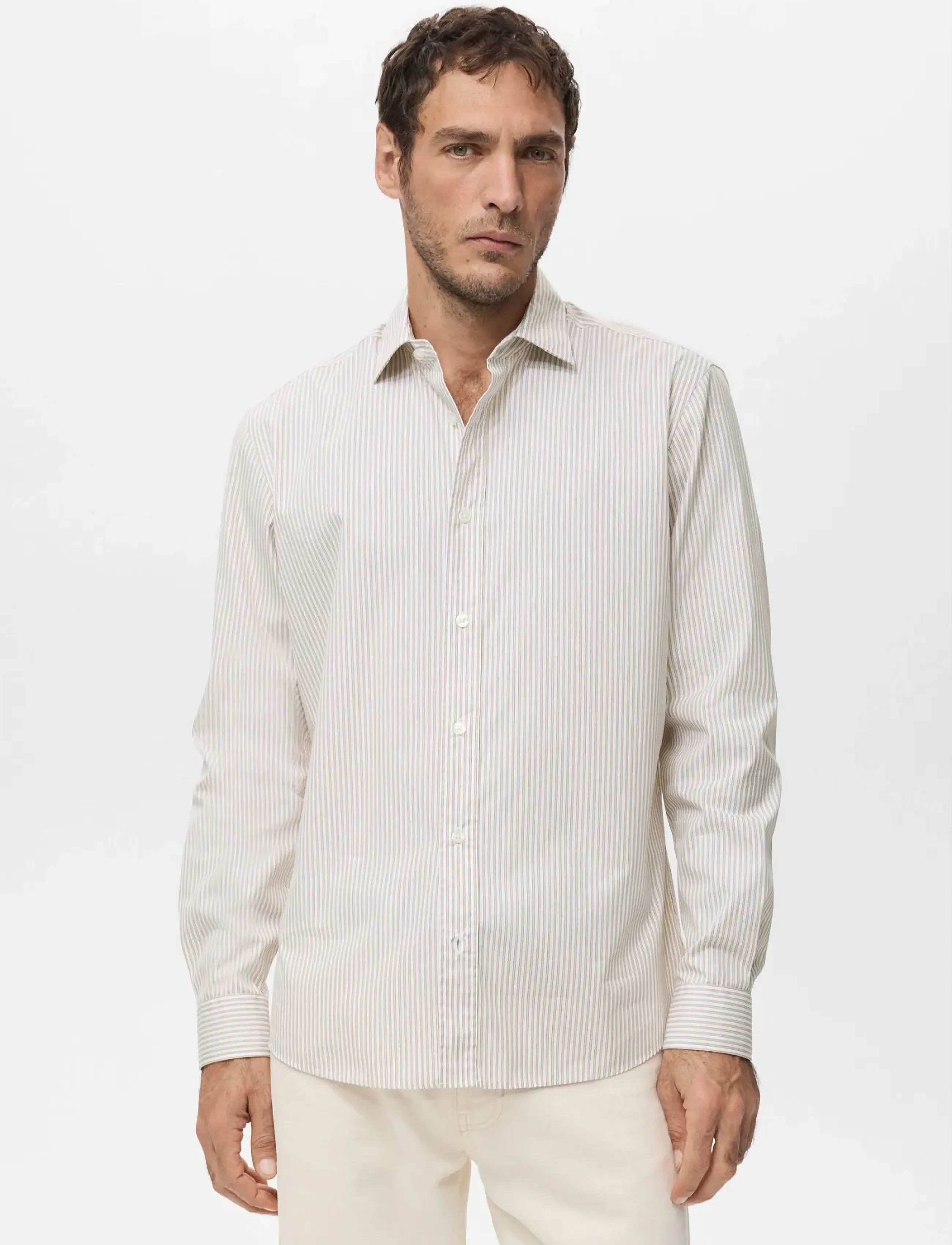 Mango Regular fit striped cotton shirt - Kostymskjortor - MEDIUM BROWN / white