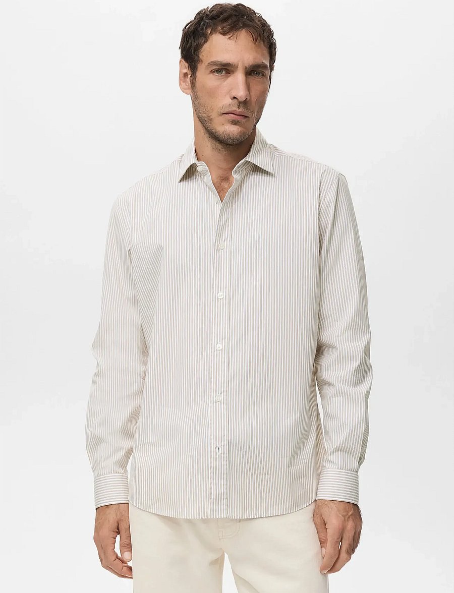 Mango - Regular fit striped cotton shirt - stribede skjorter - medium brown - 0