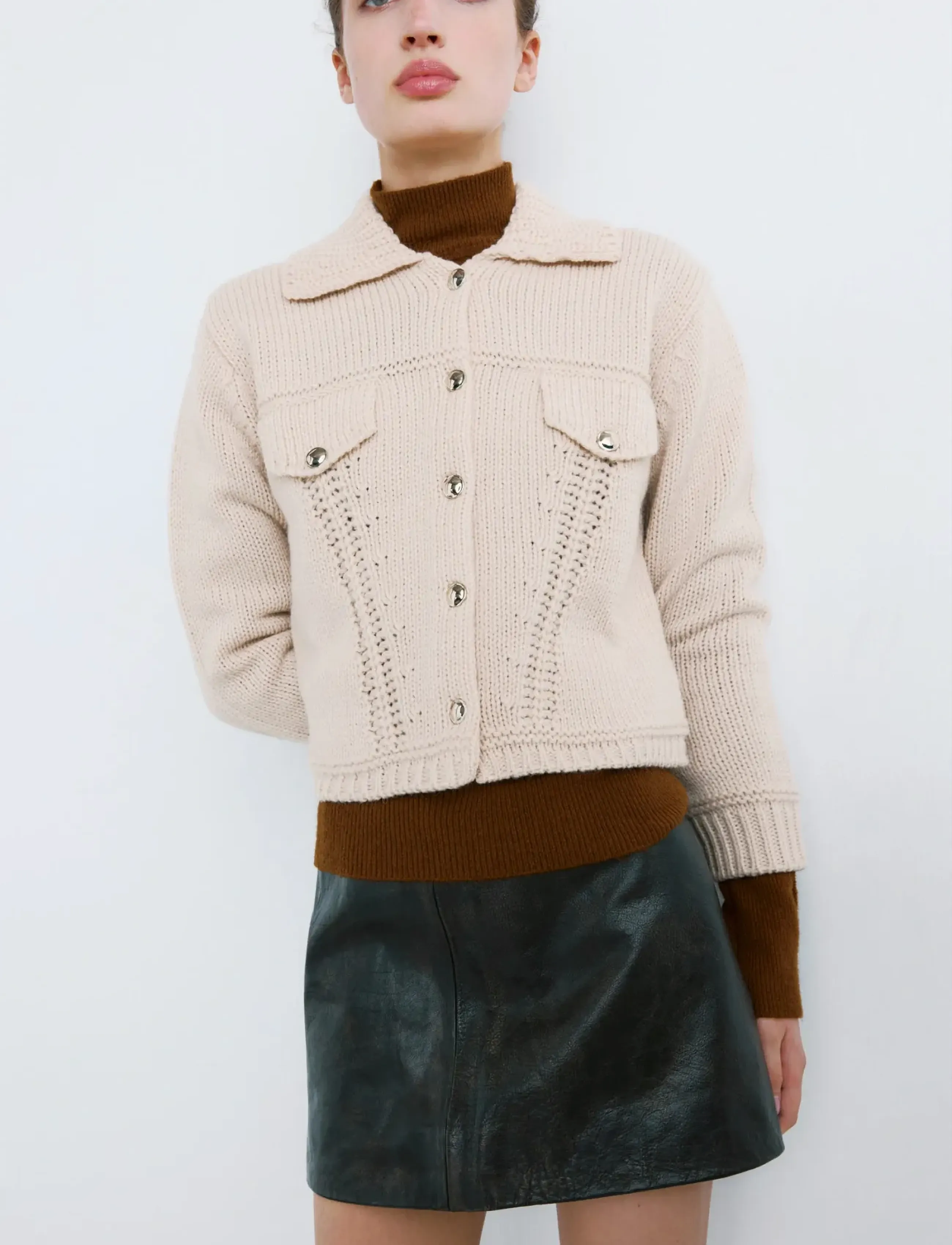 Mango Knitted Jacket With Polo Collar, M, Jackets, Creme - Wool Frauen
