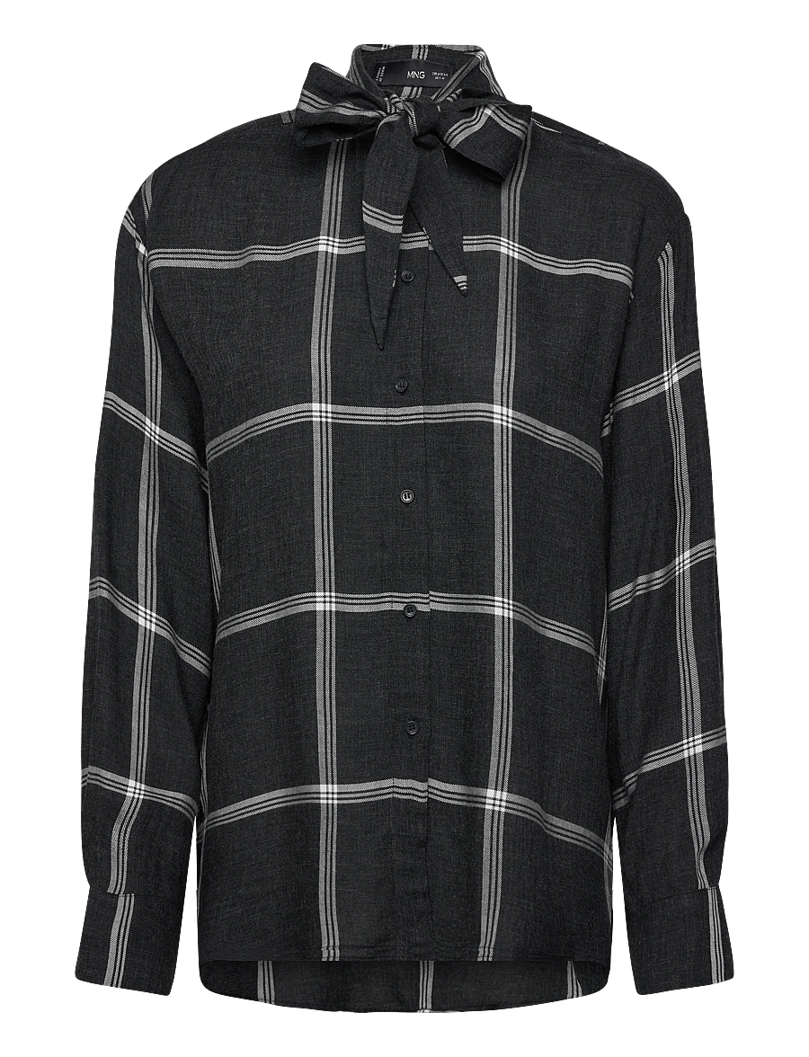 Mango - Blouse with check pattern and foulard collar - långärmade skjortor - black - 1