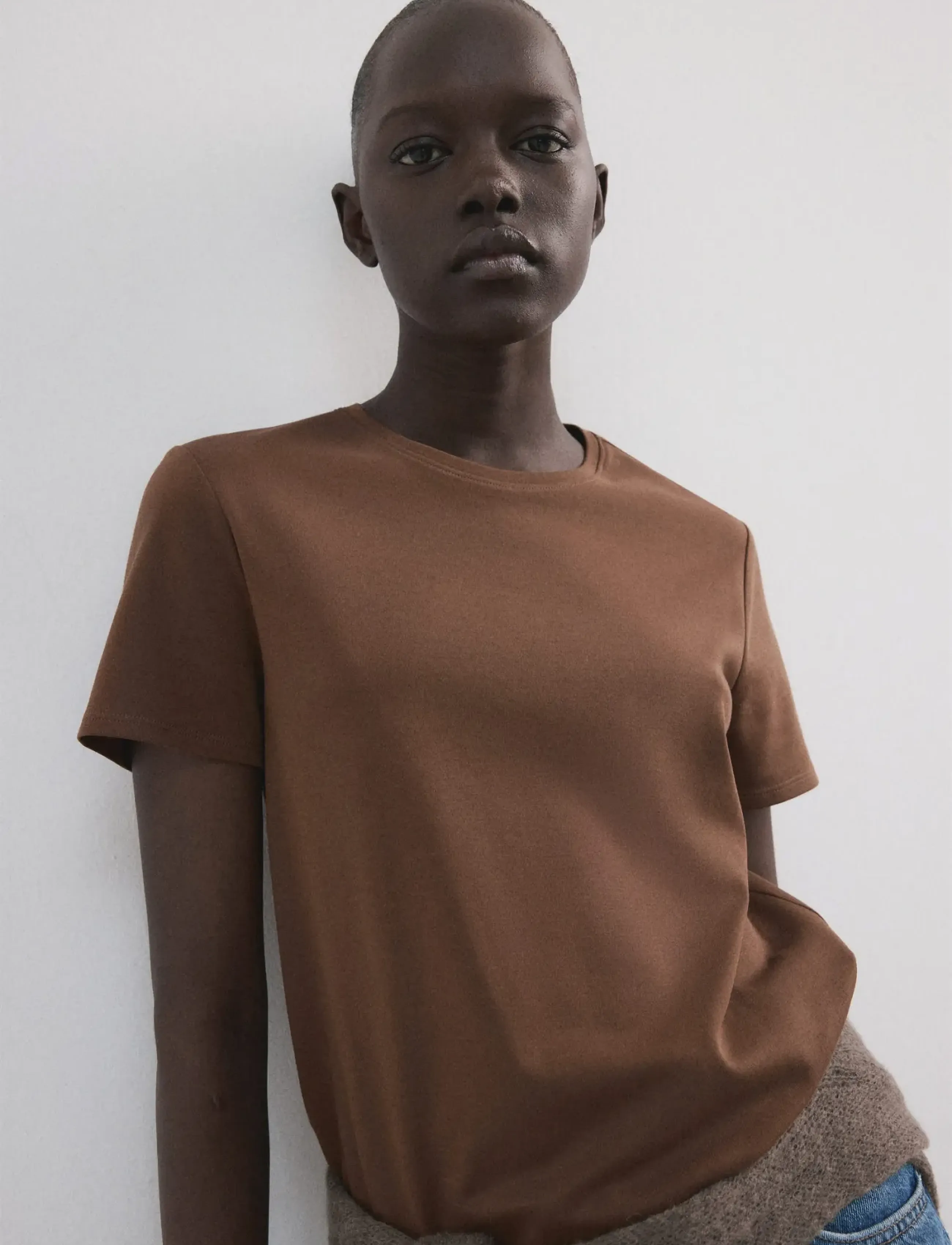 Mango Short-Sleeved Cotton T-Shirt, XS, Brown, T-Shirts & Toppe > Kortærmede, Dame