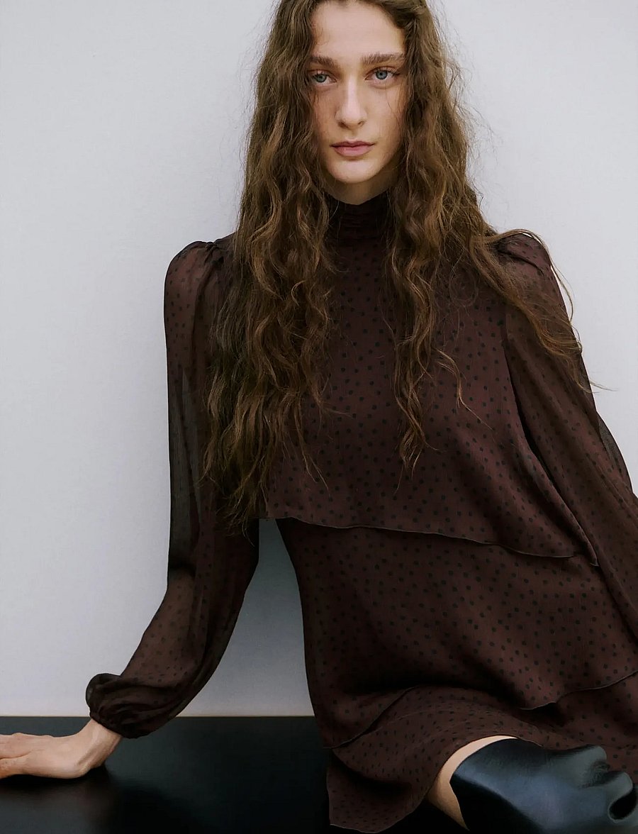 Mango - Polka-dot dress with ruffles - festkjoler - brown - 0