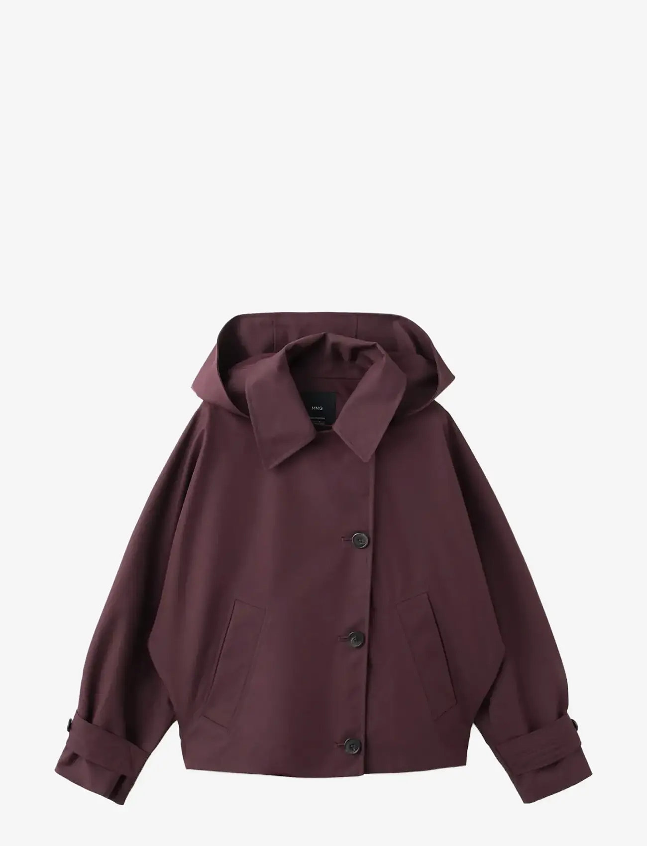 Mango - Short double-breasted trench coat with hood - trenchcoats - dark red - 1