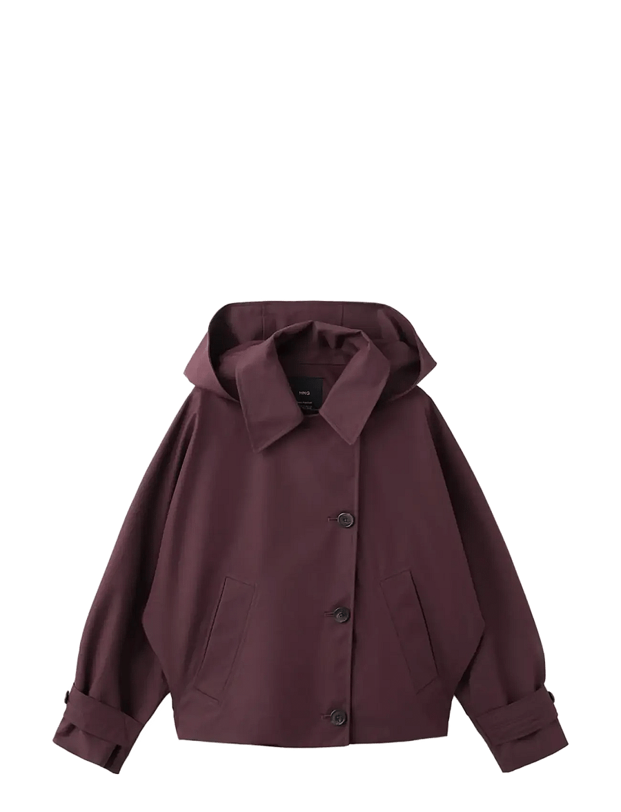 Mango - Short double-breasted trench coat with hood - trenchcoats - dark red - 1