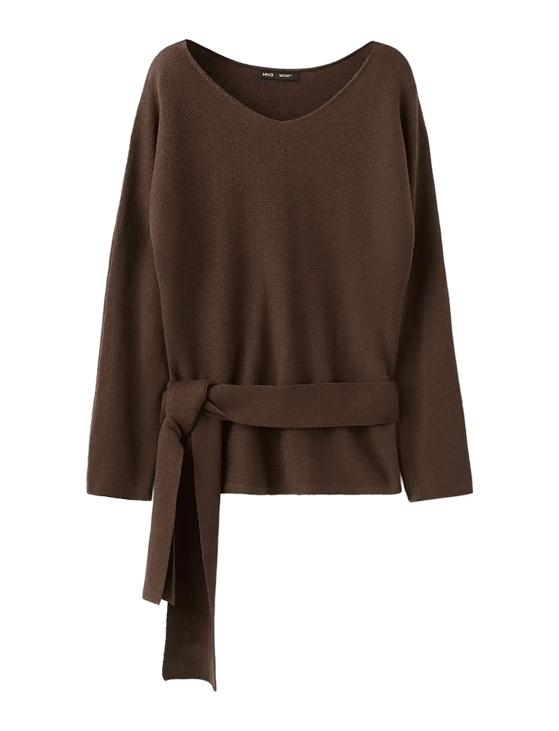 Mango - Knit belt sweater - striktrøjer - dark brown - 1
