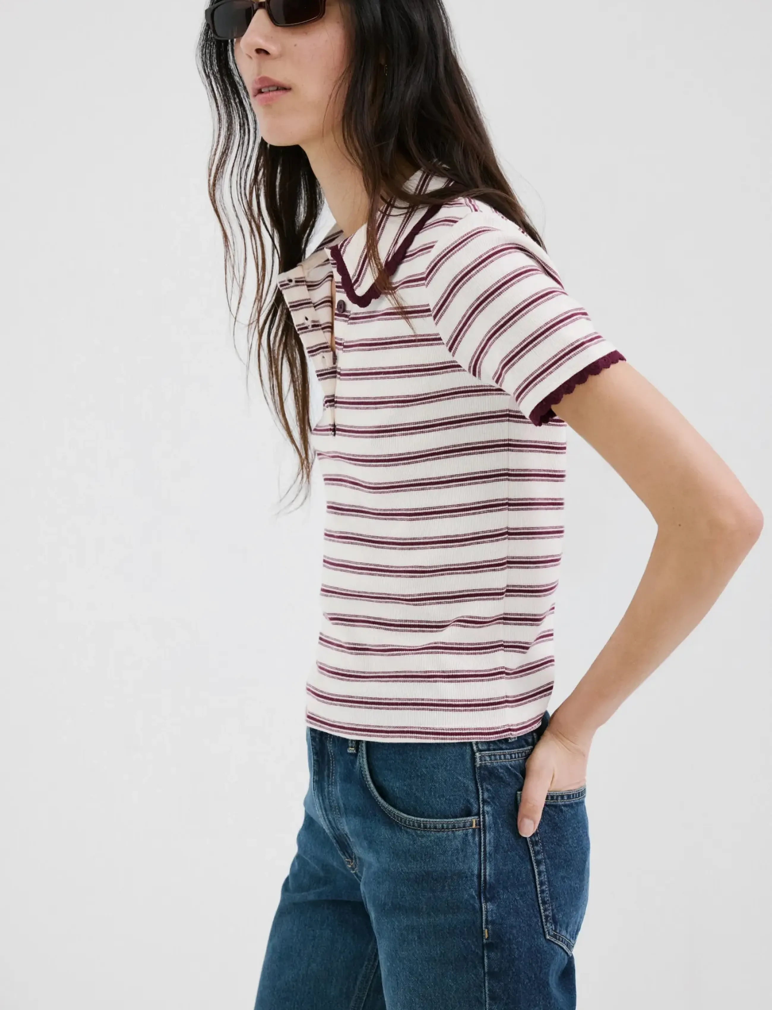 Mango Scalloped Striped Polo, Kvinder, Skalloperet Stribet Poloshirt, Bordeaux, Str: M