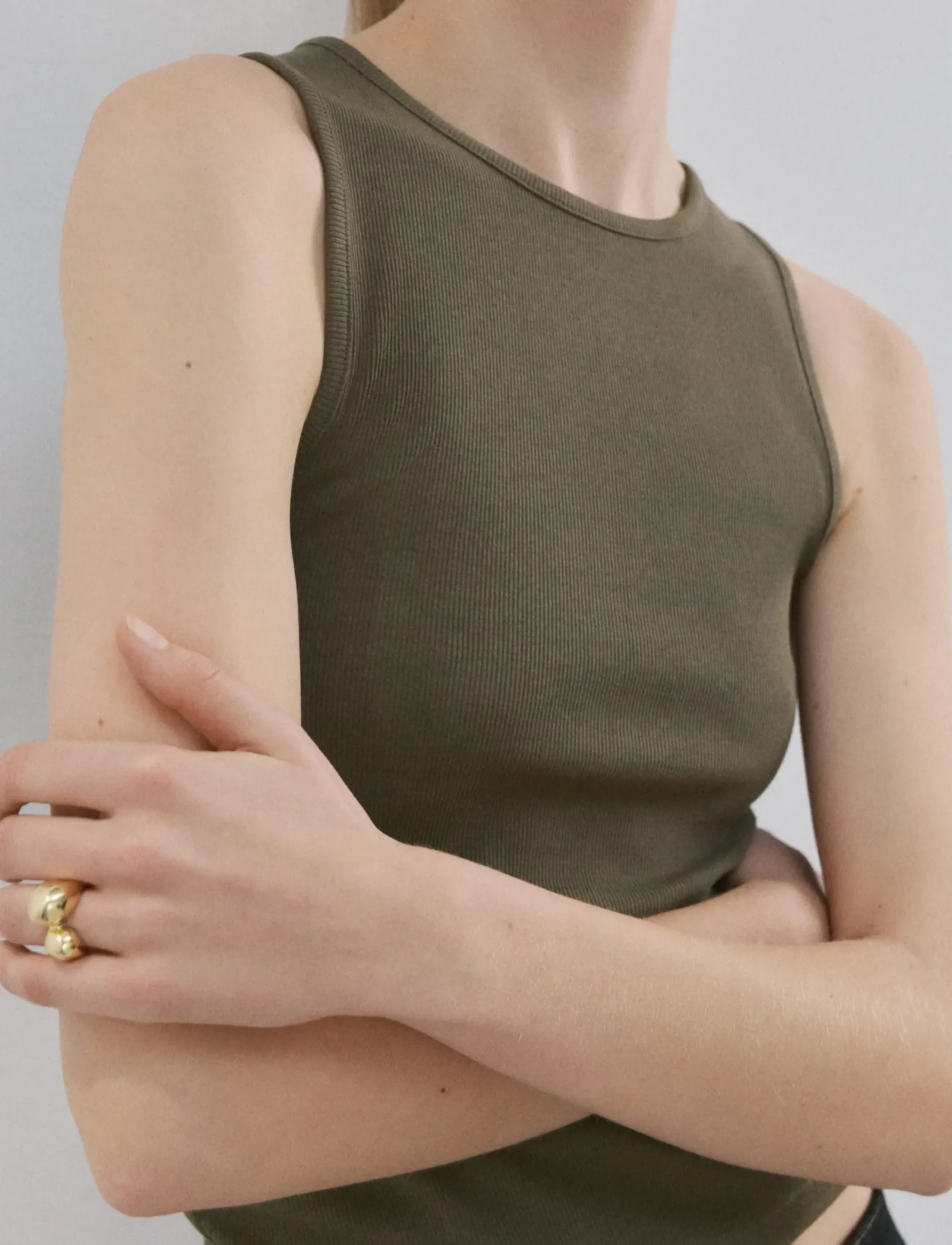 Mango Ribbed Cotton-Blend Top, Kvinder, Ribbet Ærmeløs Top, Kakigrøn, Str: XS