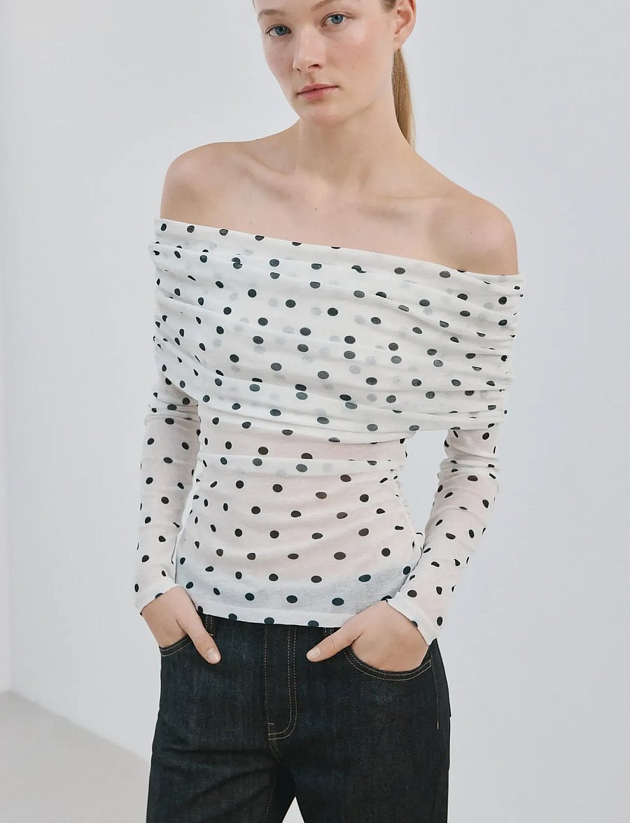 Mango - Polka dot strapless top - langärmlige tops - white - 0