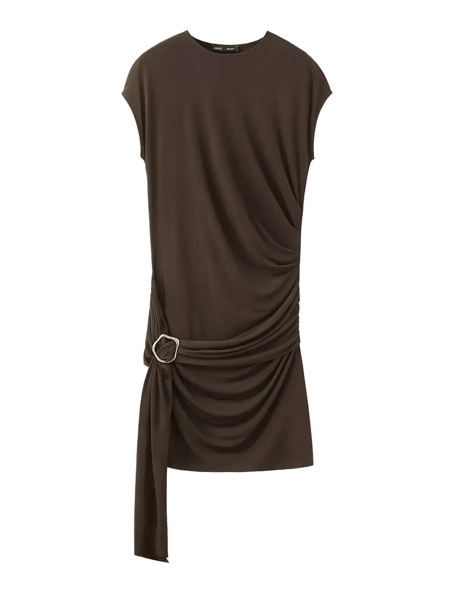 Mango - Ruched bodice brooch dress - stramme kjoler - brown - 0