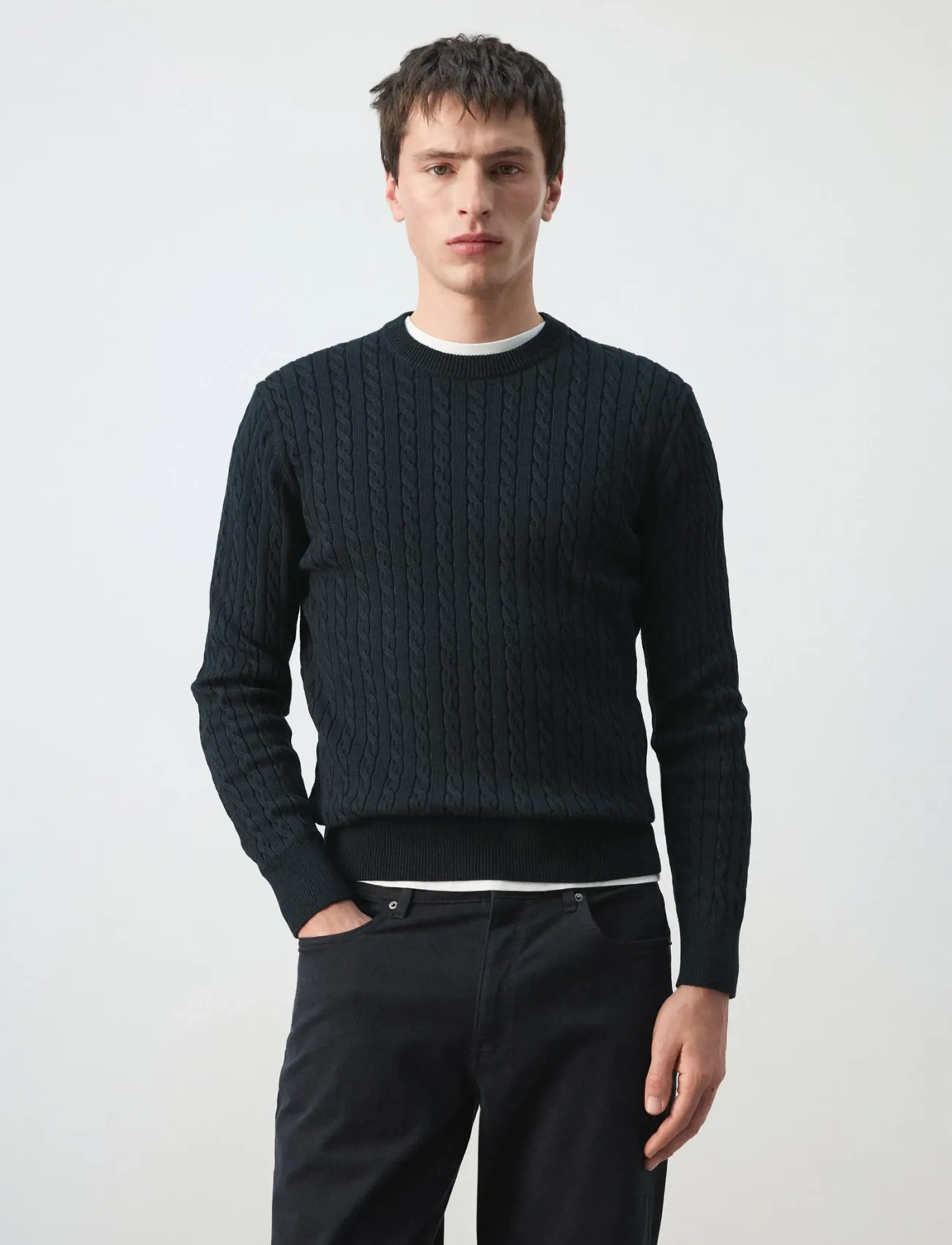 Mango 100% Cotton Cable Knit Sweater, XXL, Navy, Strik > Runde Halse, Herre