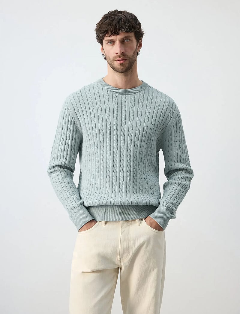Mango - 100% cotton cable knit sweater - rund hals - turquoise - aqua - 0