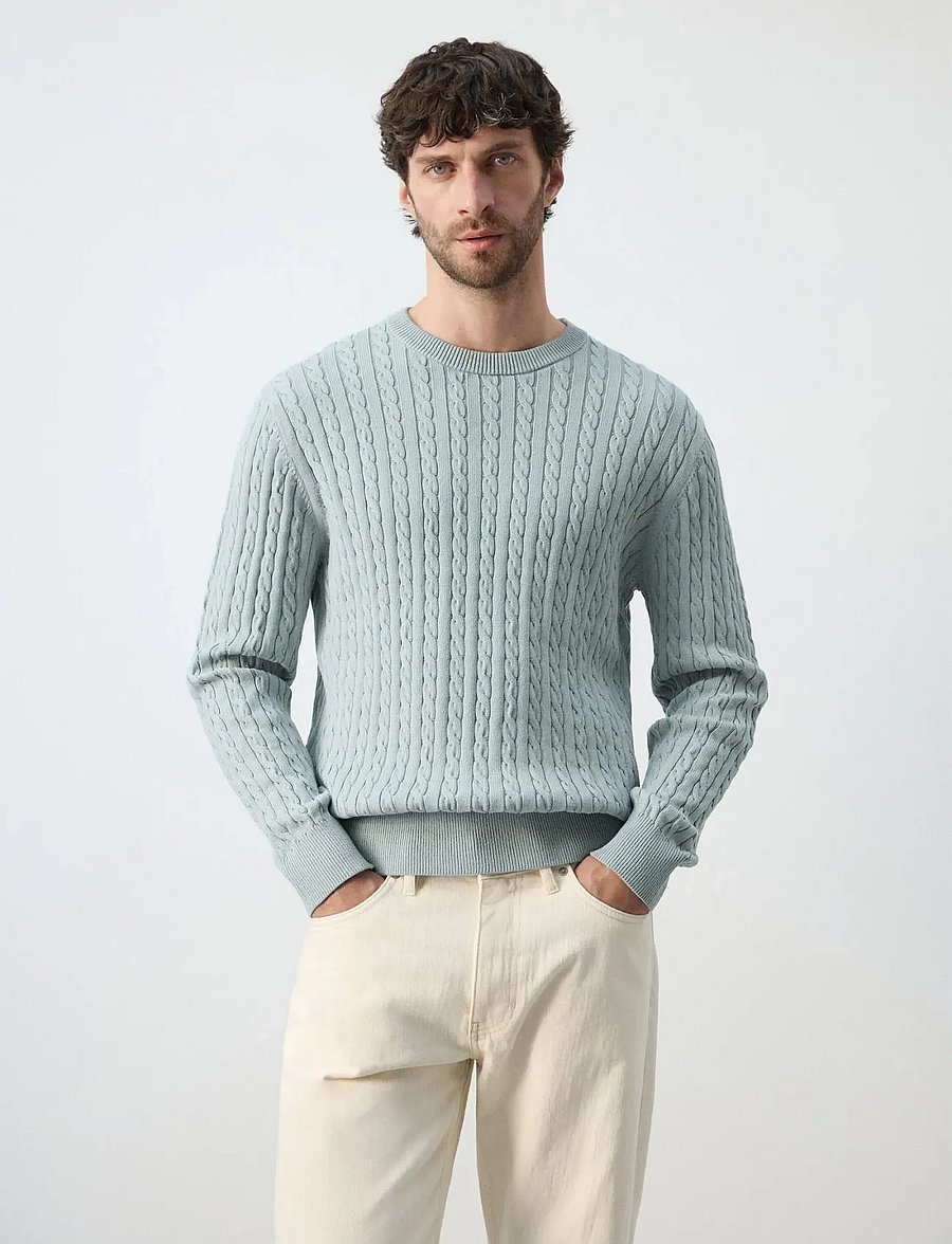 Mango - 100% cotton cable knit sweater - rund hals - turquoise - aqua - 0