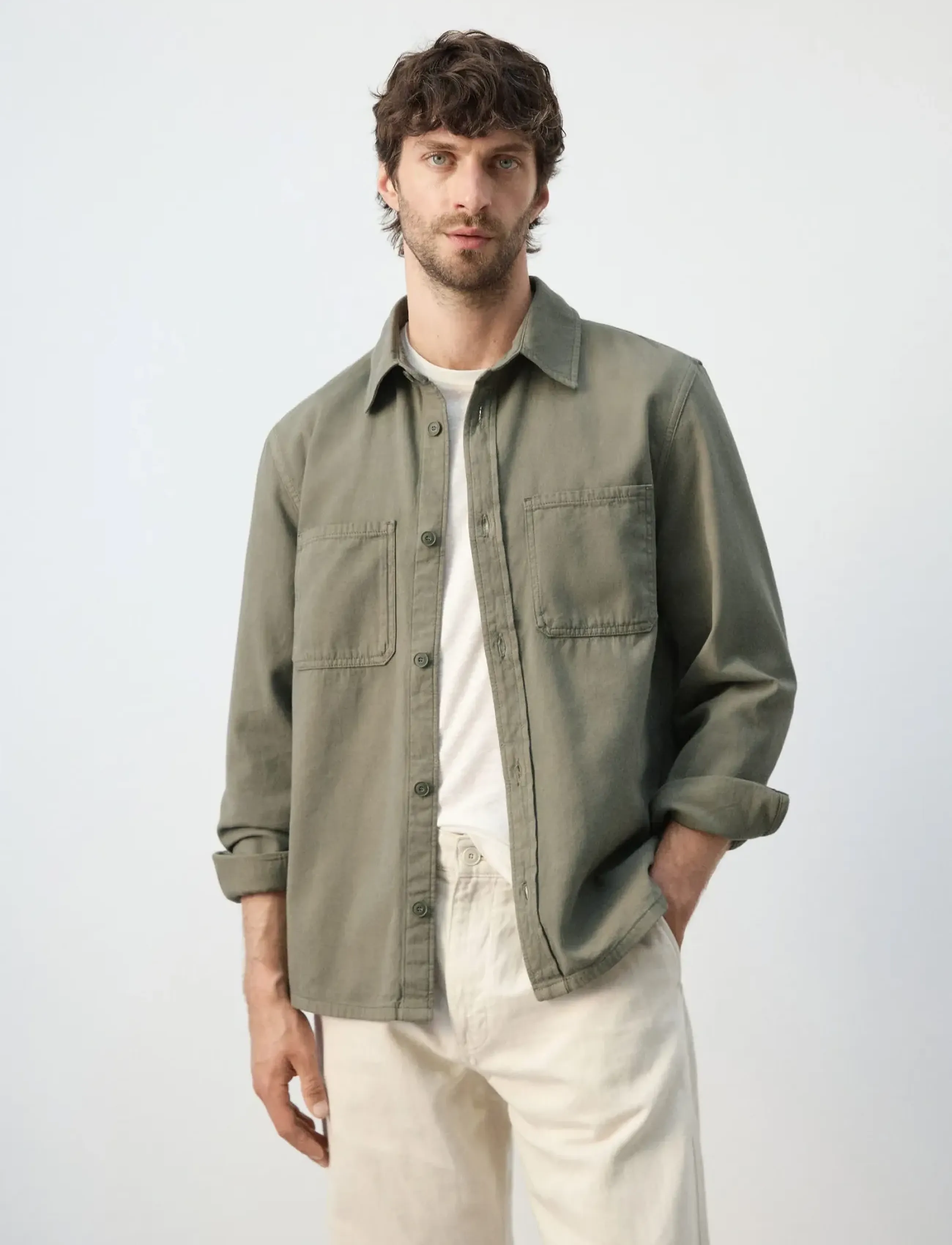 Mango 100% Cotton Overshirt With Pockets, Mænd, Overshirt, Kakigrøn, Str: XL