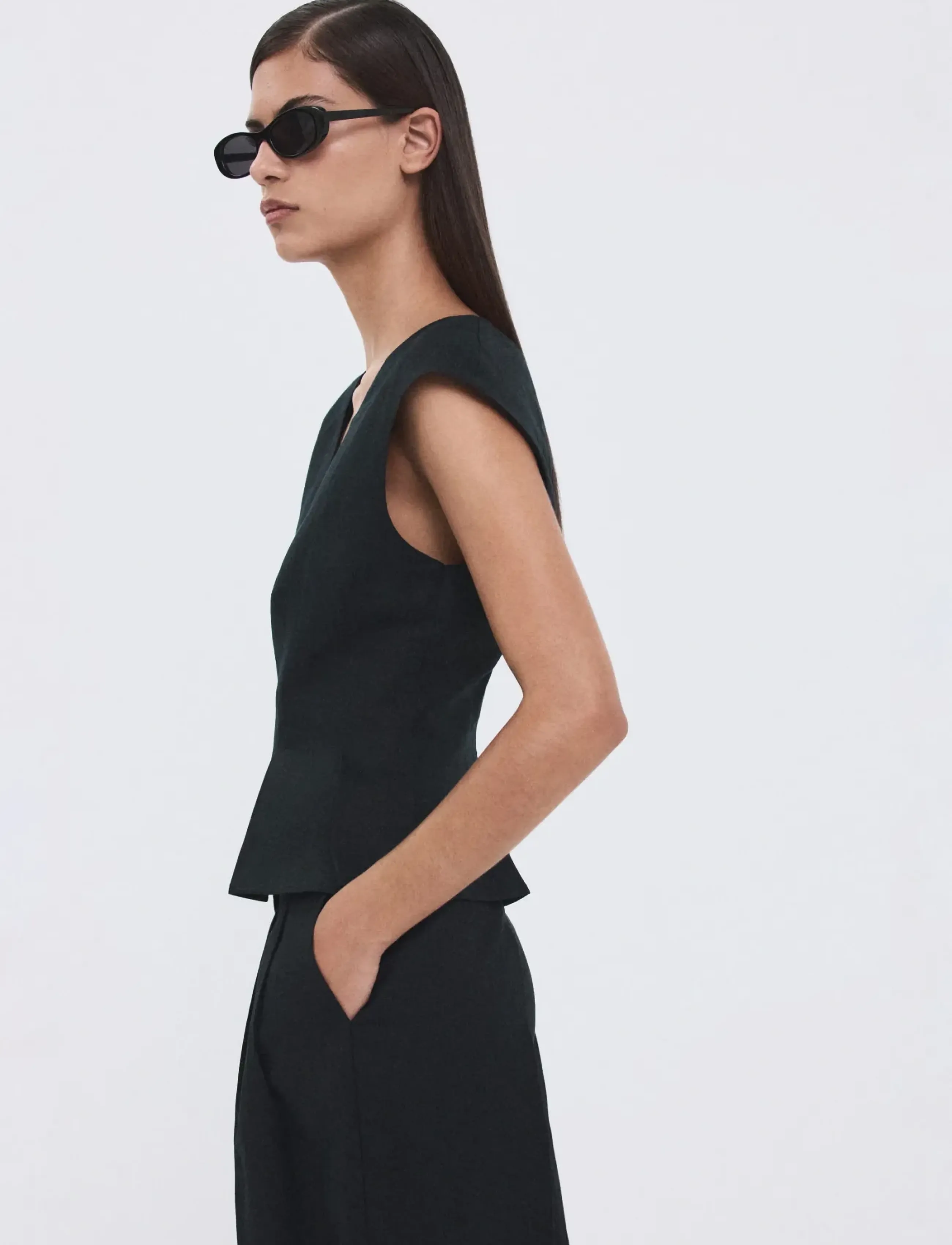 Mango Cotton Linen Peplum Top, XS, Blouses, Schwarz - Sleeveless, Frauen