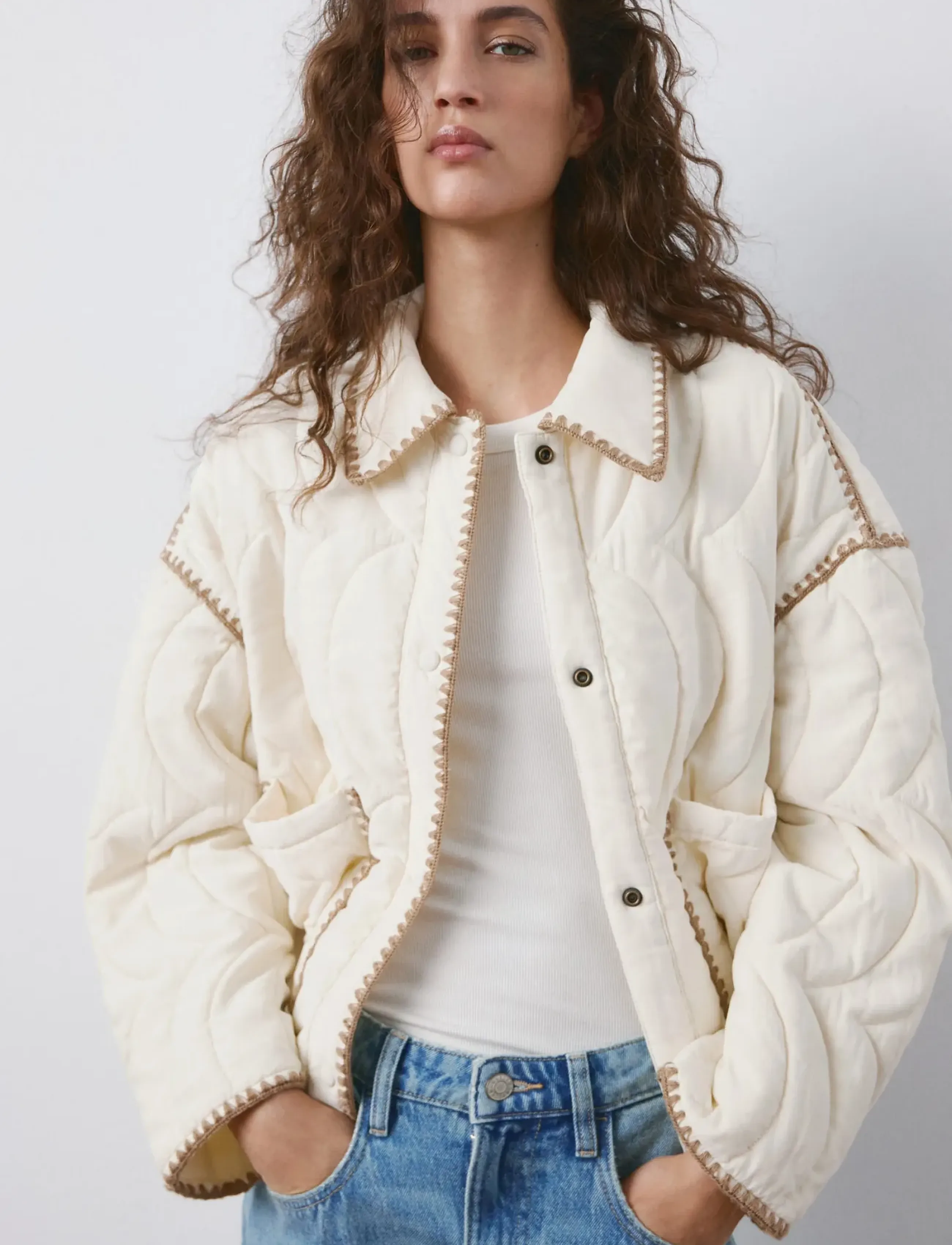 Mango Contrast Piping Quilted Jacket, XL, Jackets, Creme - Frauen