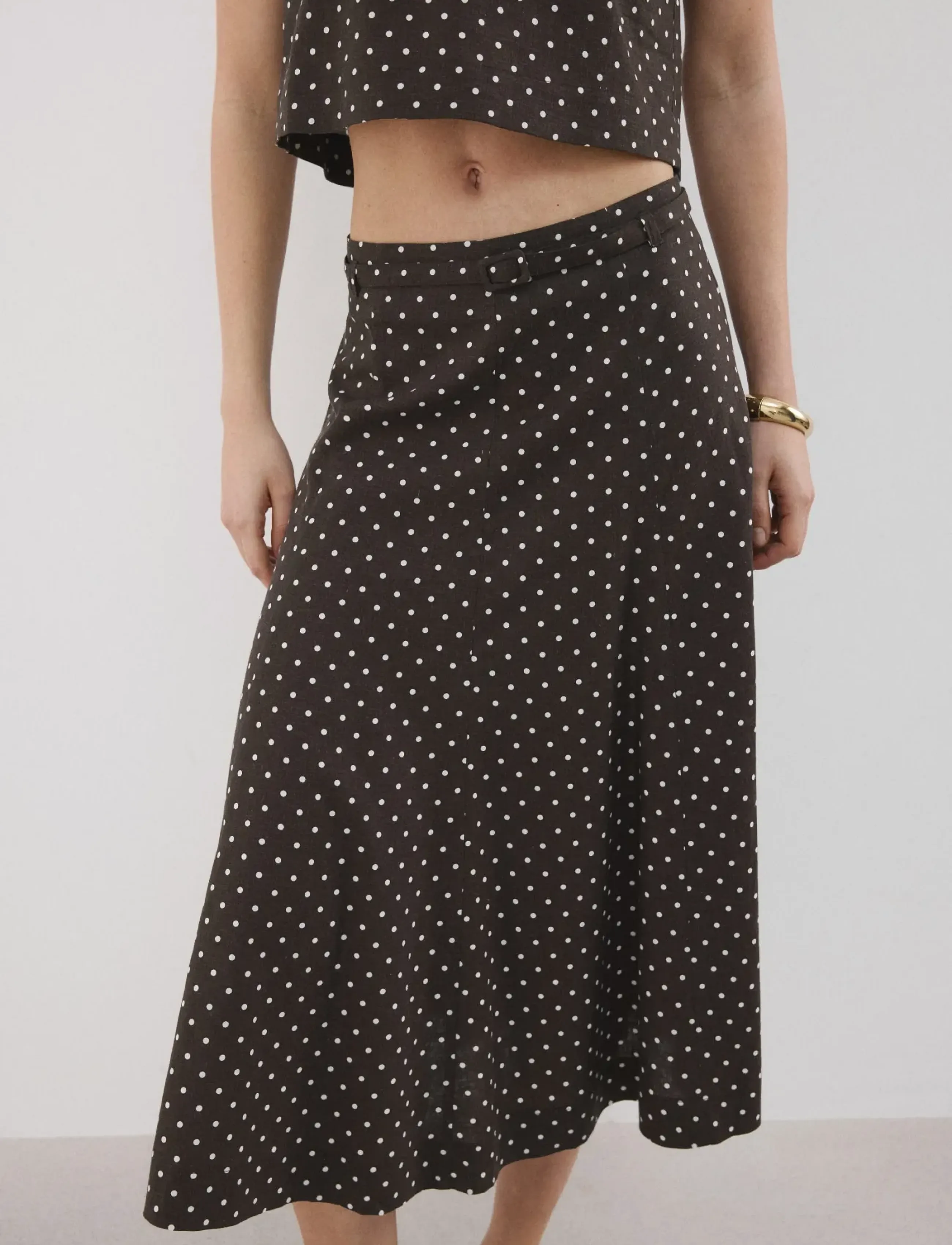 Mango Linen polka dot skirt - Mango - BLACK / brown