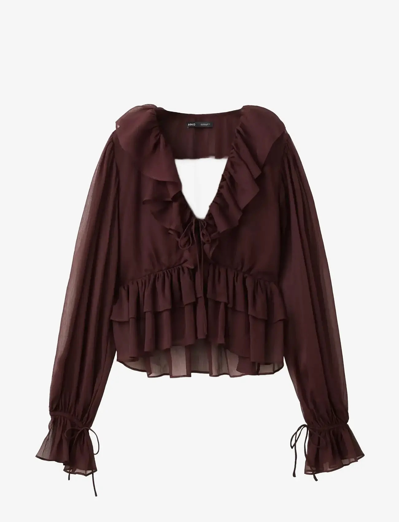 Mango - Fluid ruffled blouse - langærmede bluser - dark brown - 1