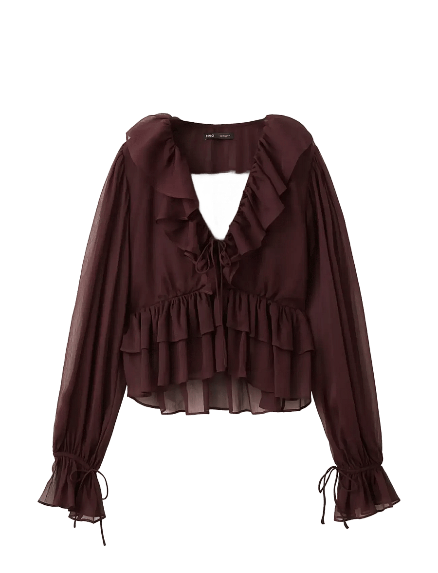 Mango - Fluid ruffled blouse - langärmelige blusen - dark brown - 1