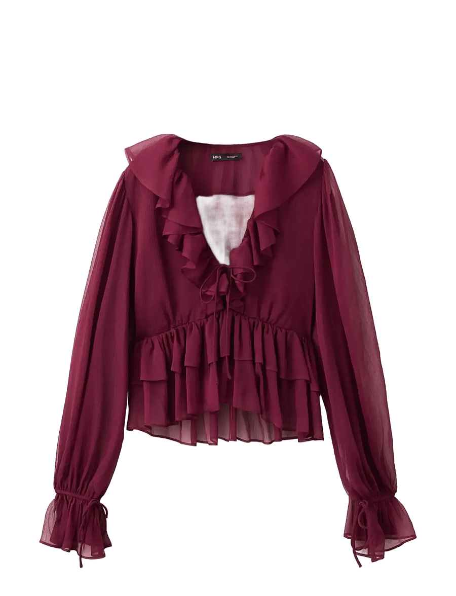 Mango - Fluid ruffled blouse - langærmede bluser - dark red - 1