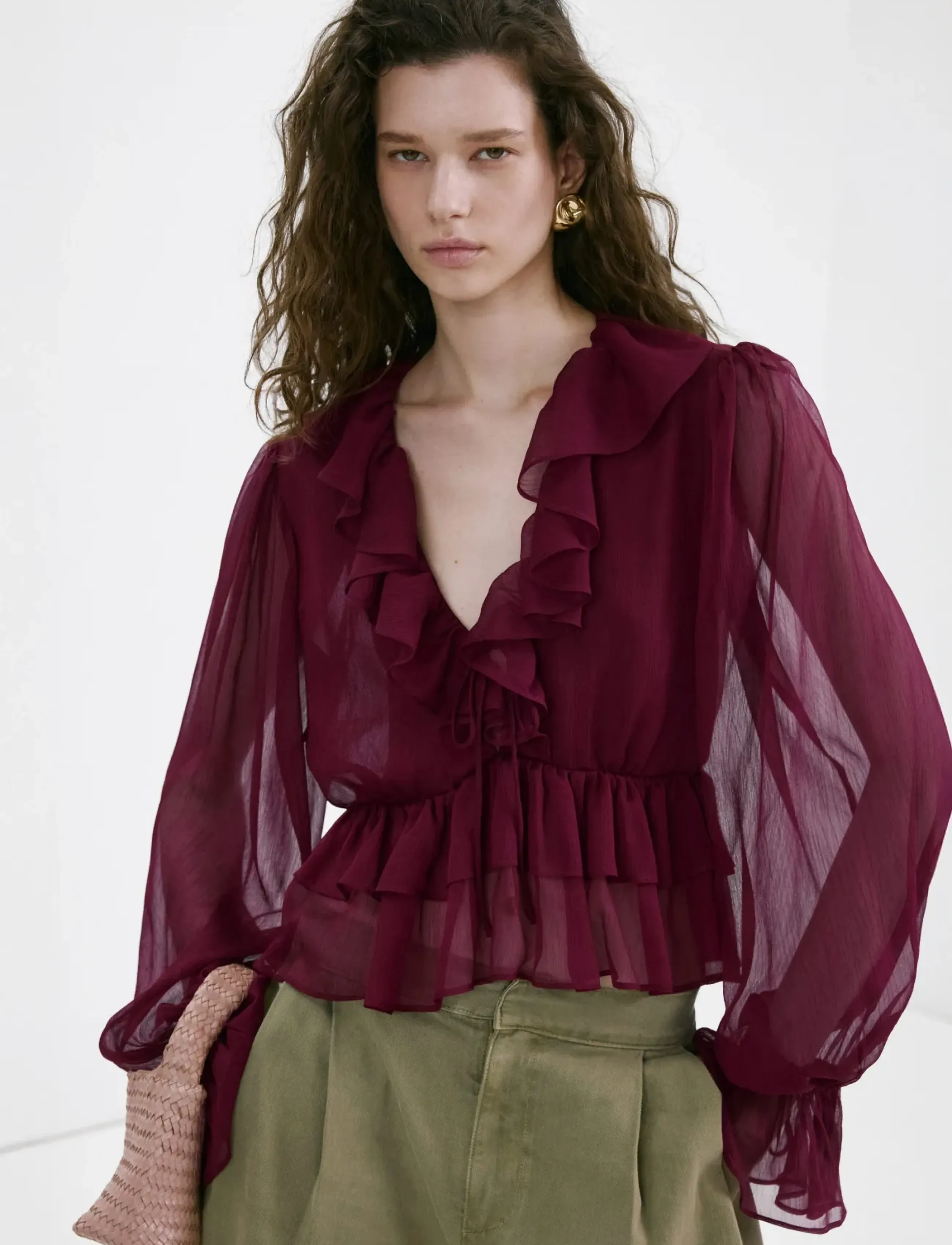 Mango Fluid Ruffled Blouse, M, Burgundy, Bluser > Langærmede, Dame