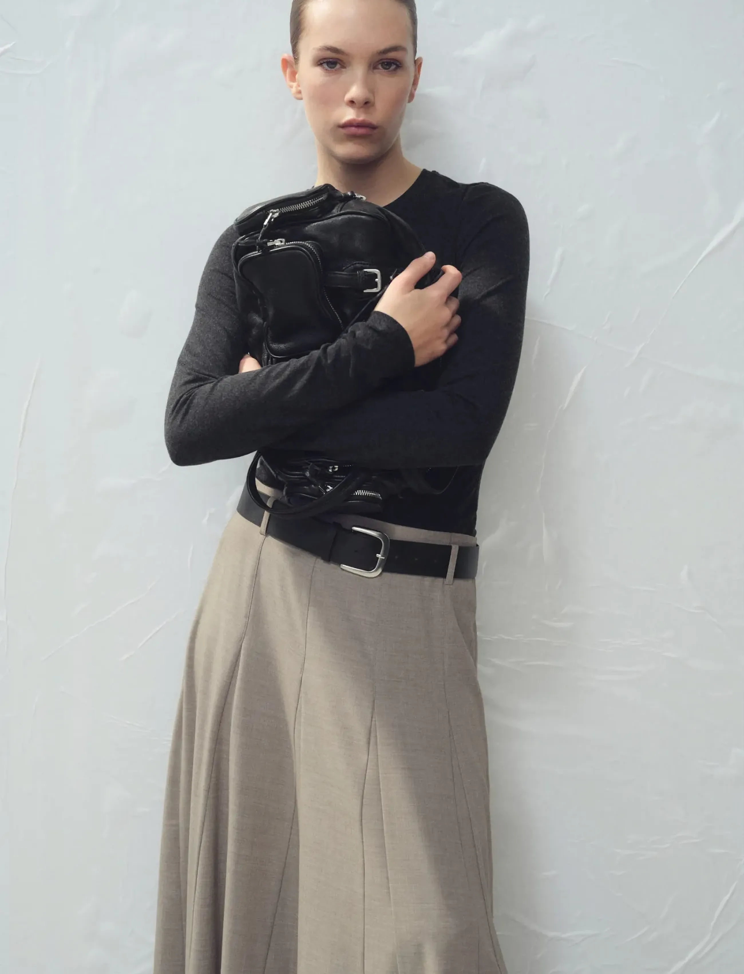 Mango A-line skirt with godets and belt - Kläder - GREY / grey