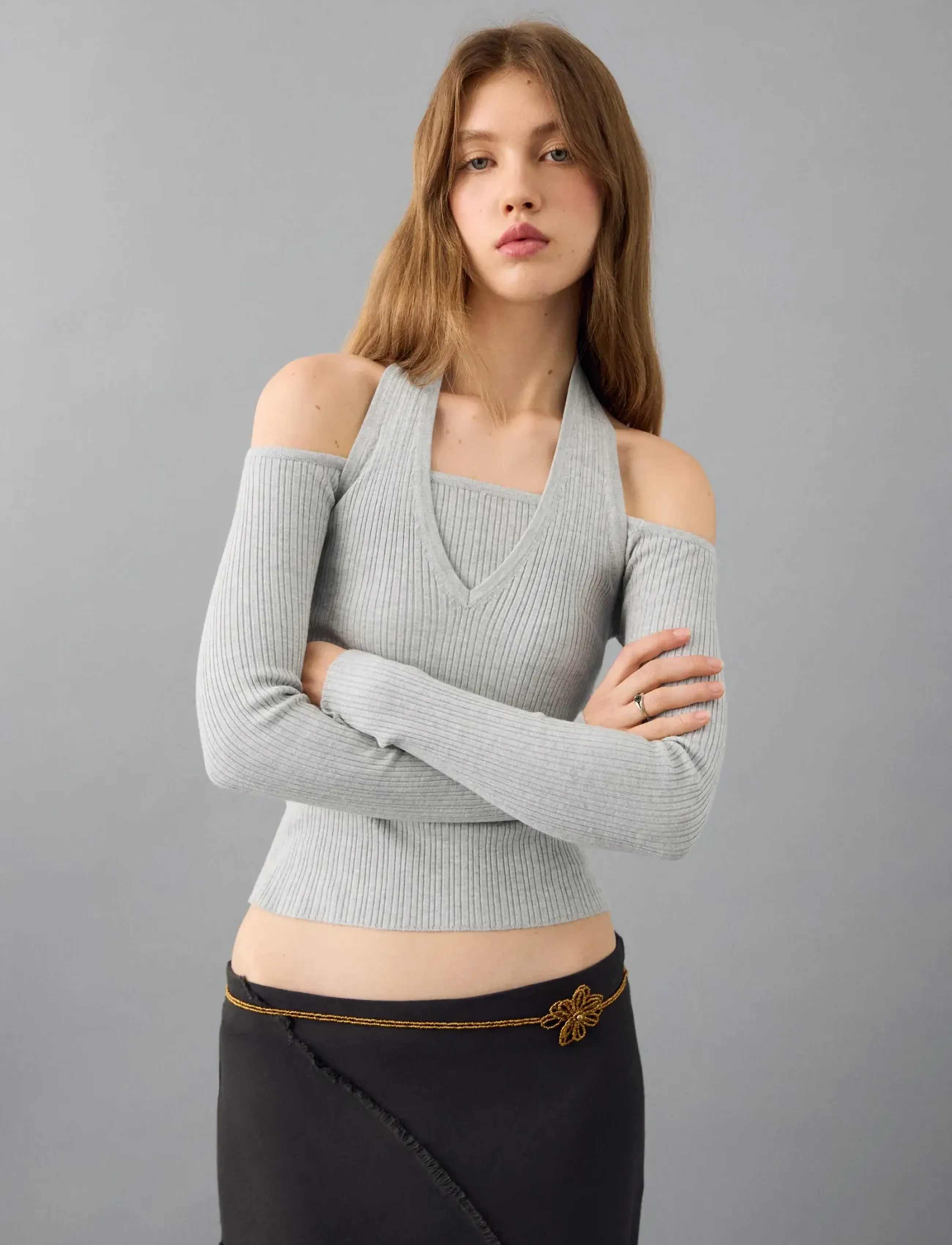 Mango Long-sleeved halter-neck top - Toppe og t-shirts - LT PASTEL GREY / grey
