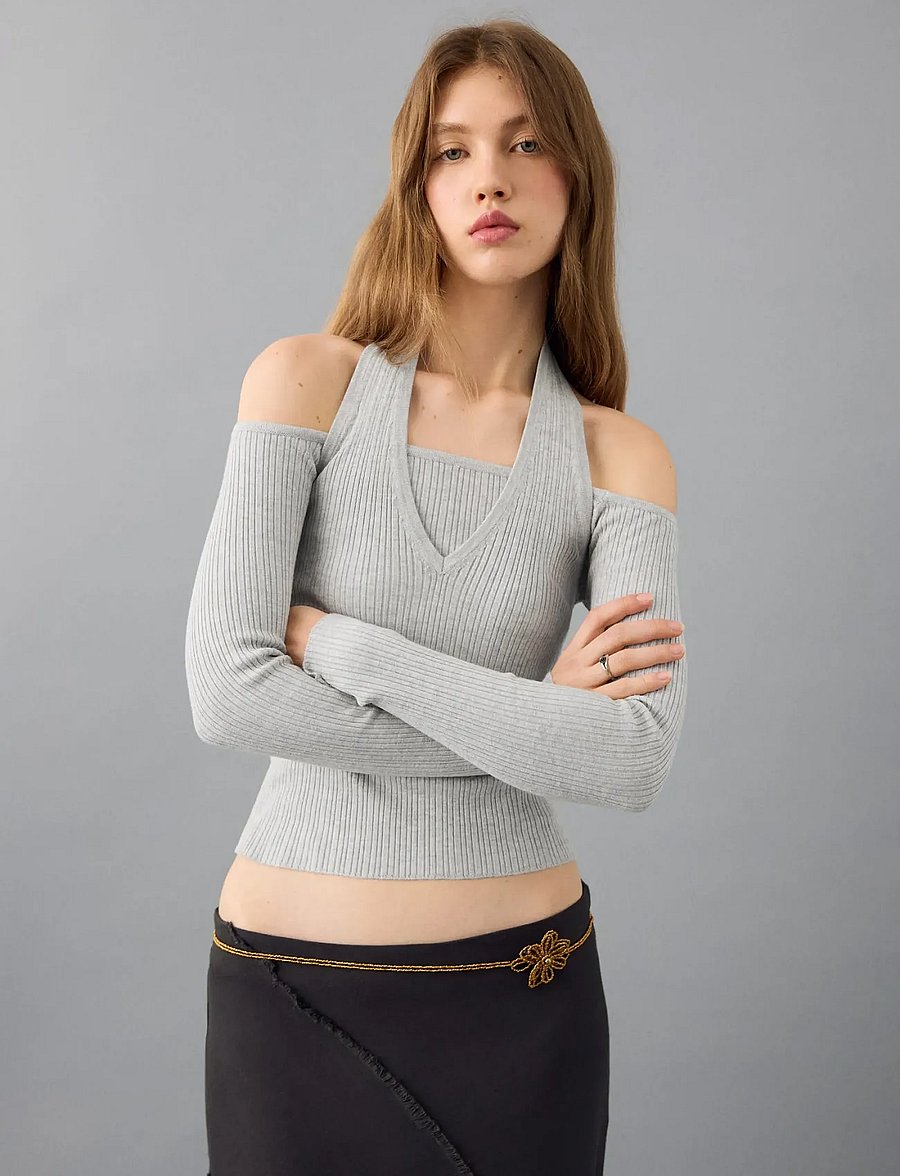 Mango - Long-sleeved halter-neck top - långärmade t-shirts - lt pastel grey - 0