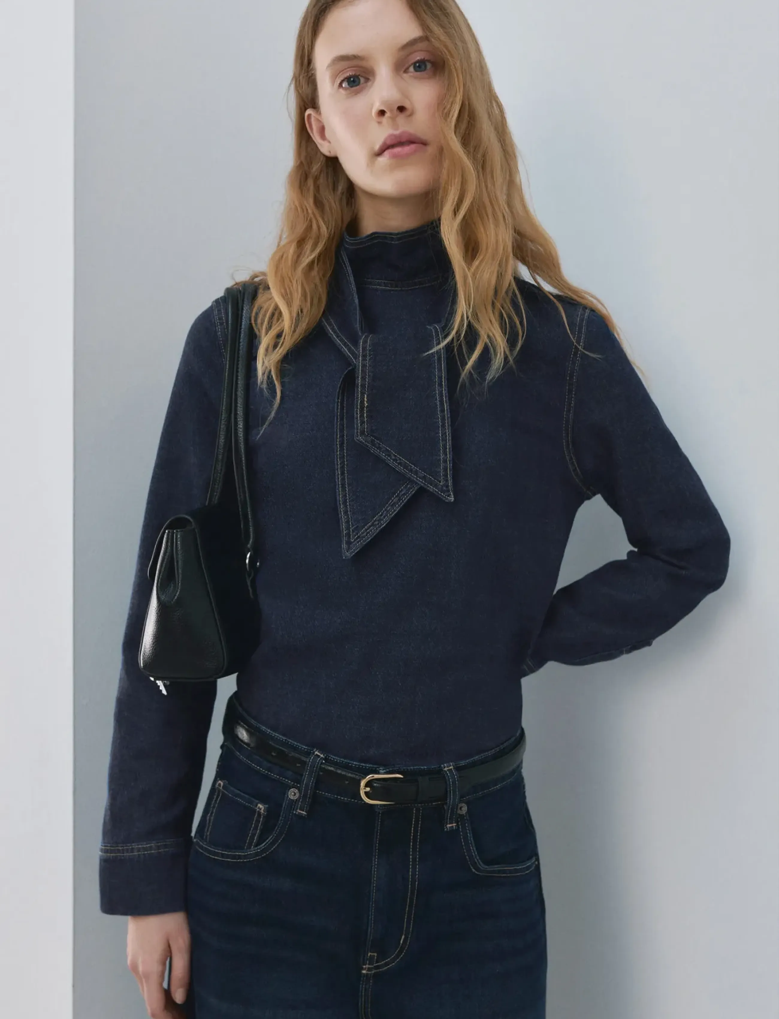 Mango Denim Shirt With Tie Fastening, S, Navy, Skjorter > Denim-Skjorter, Dame