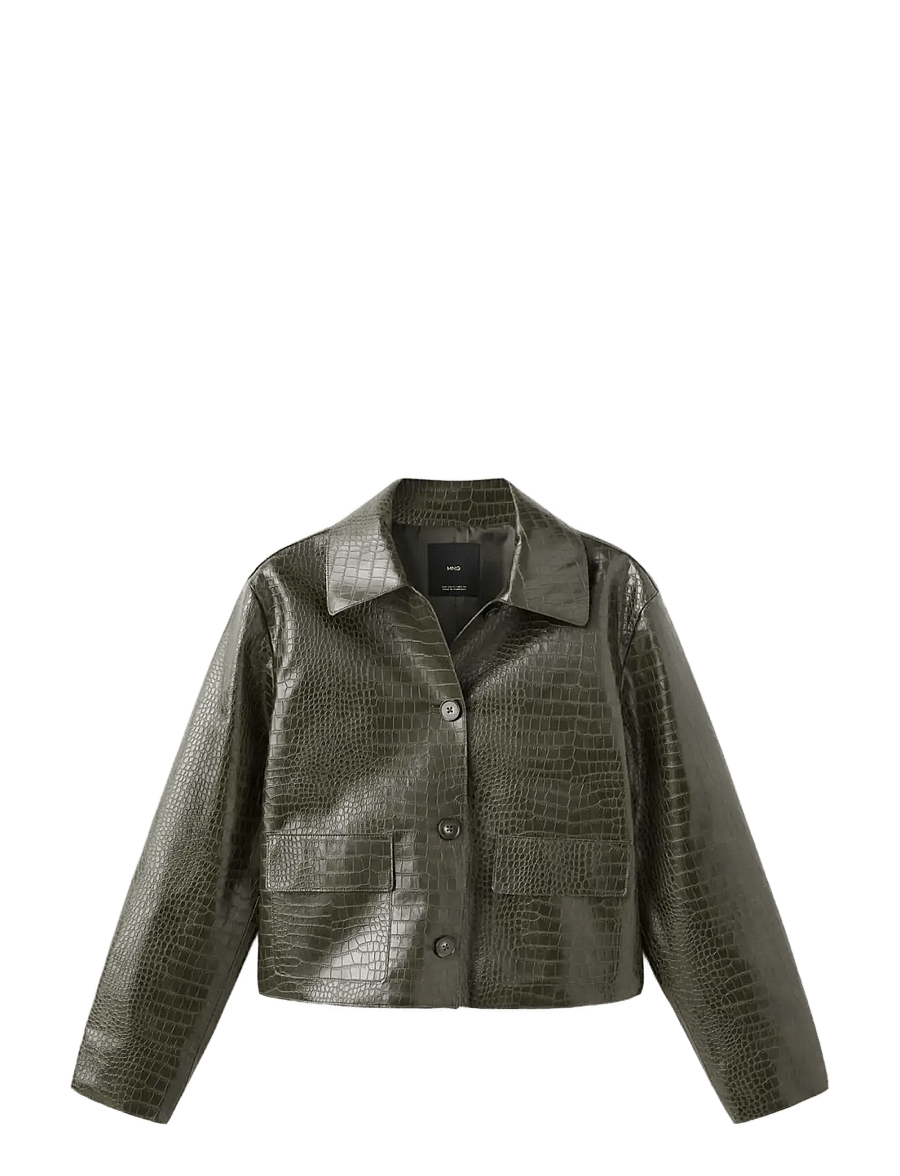 Mango - Croc-effect faux leather jacket - læderjakker - beige - khaki - 1