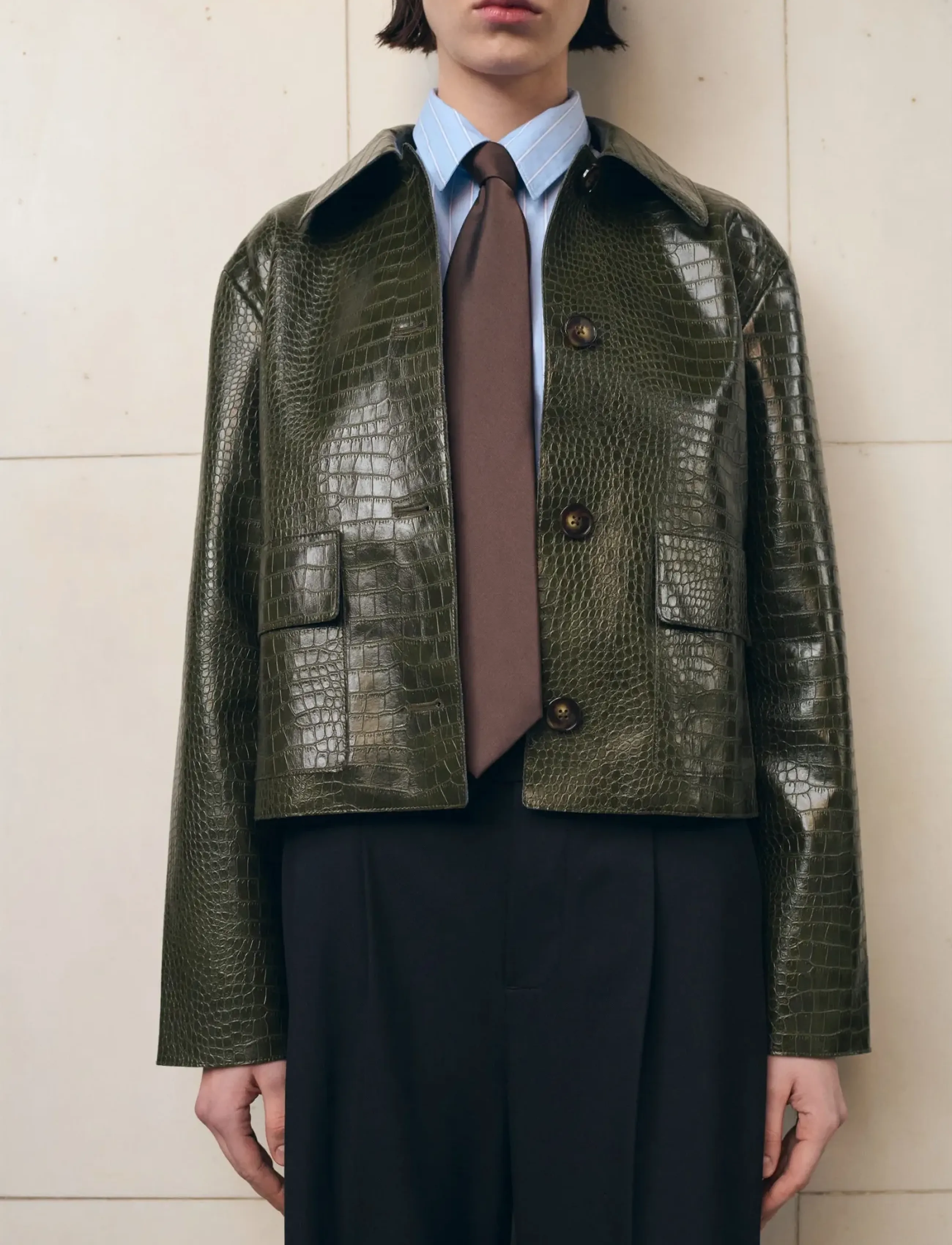 Mango Croc-effect faux leather jacket - Tøj - BEIGE - KHAKI / khaki/green