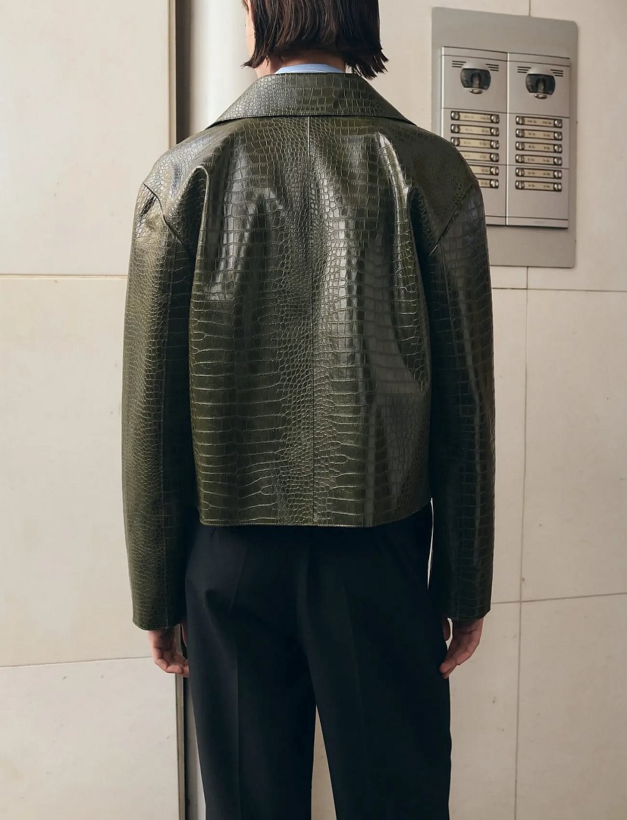 Mango - Croc-effect faux leather jacket - læderjakker - beige - khaki - 2
