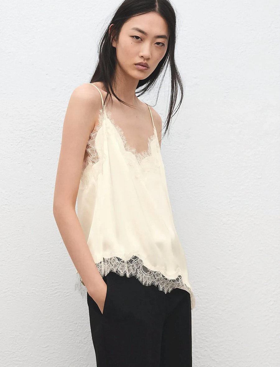 Mango - Asymmetric lace camisole top - tanktops - light beige - 0