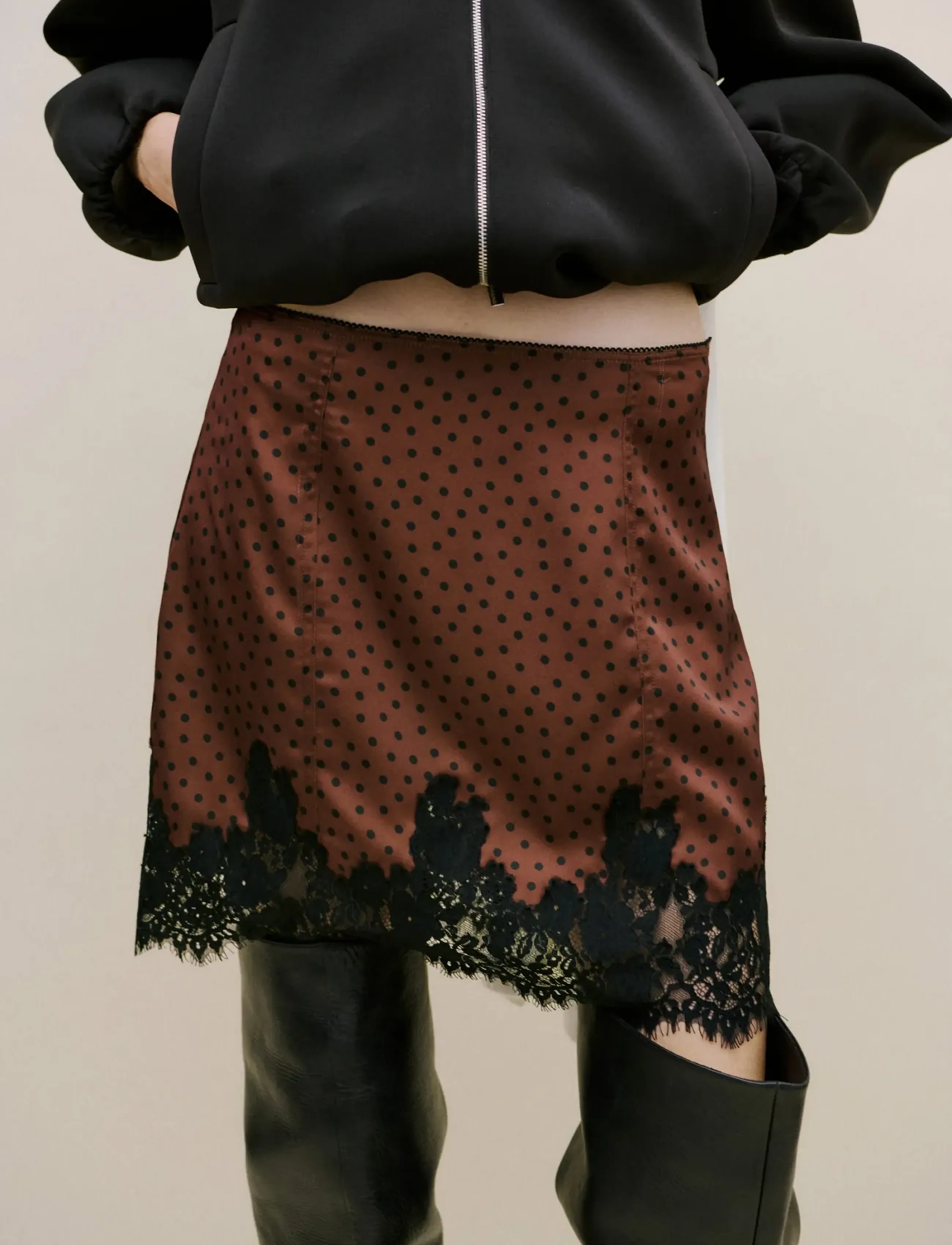 Mango Polka Dot Slip Skirt, Kvinder, Prikket Blondekant Slip Nederdel, Sort, Str: M