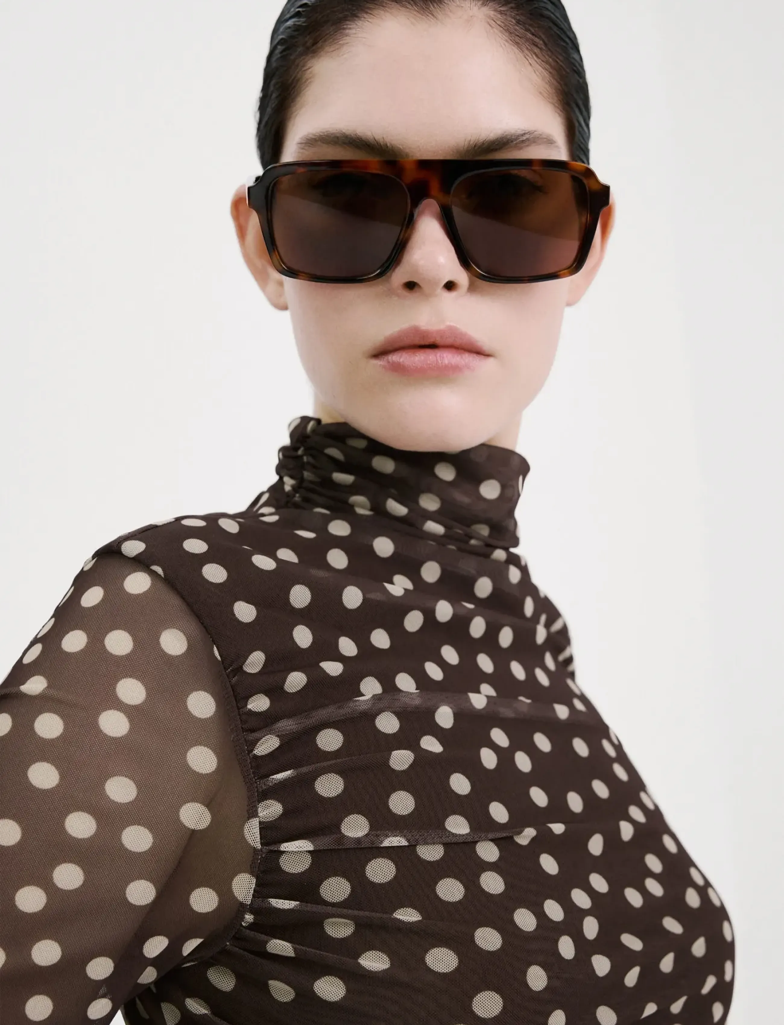 Mango Ruched Polka Dot T-Shirt, S, Brown, T-Shirts & Toppe > Langærmede, Dame