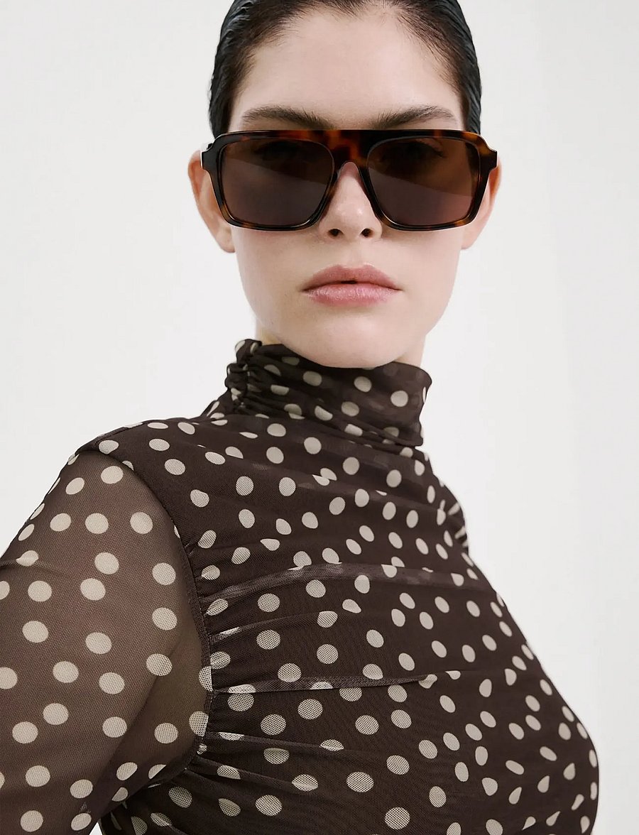 Mango - Ruched polka dot T-shirt - långärmade toppar - brown - 0