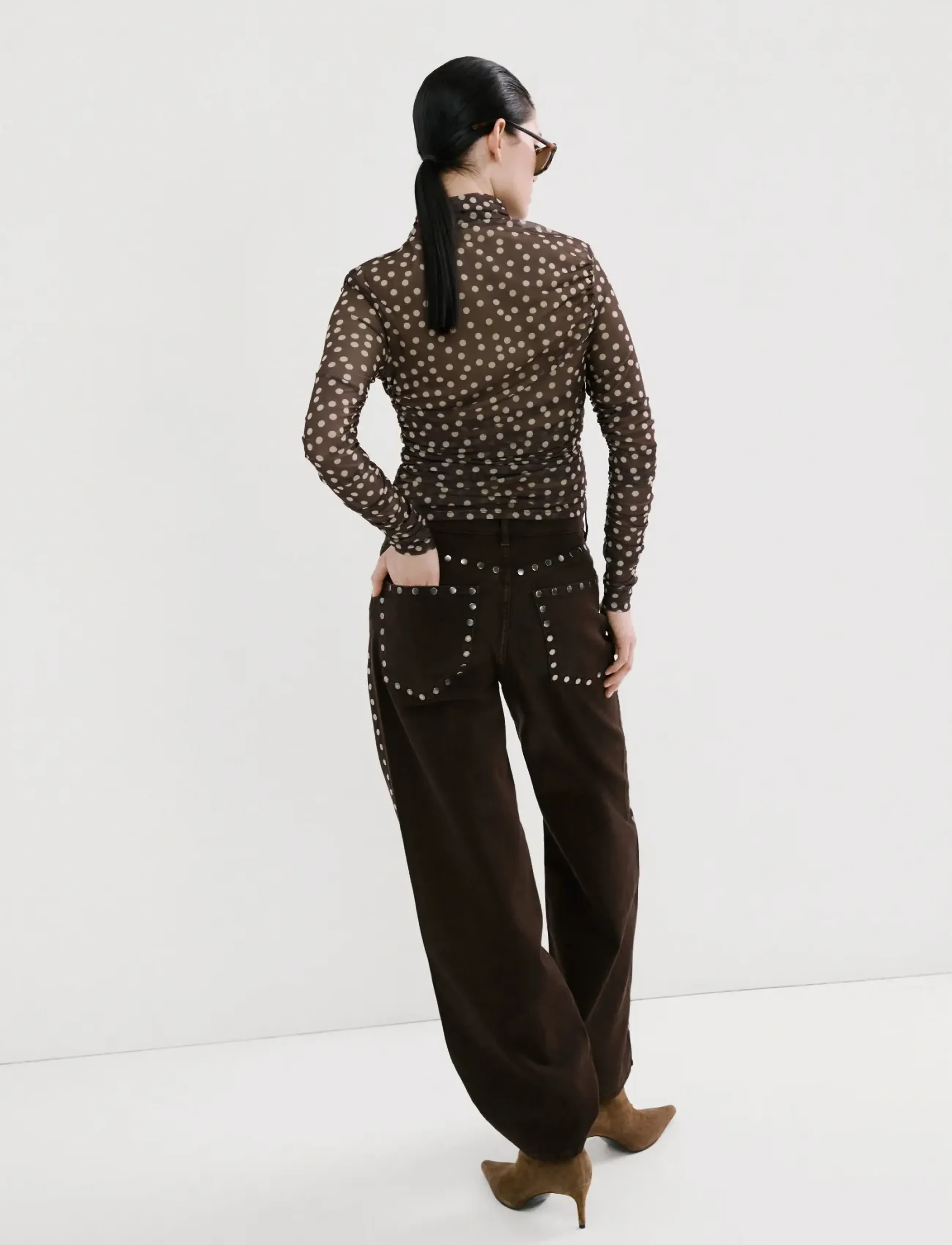 Mango - Ruched polka dot T-shirt - långärmade toppar - brown - 2