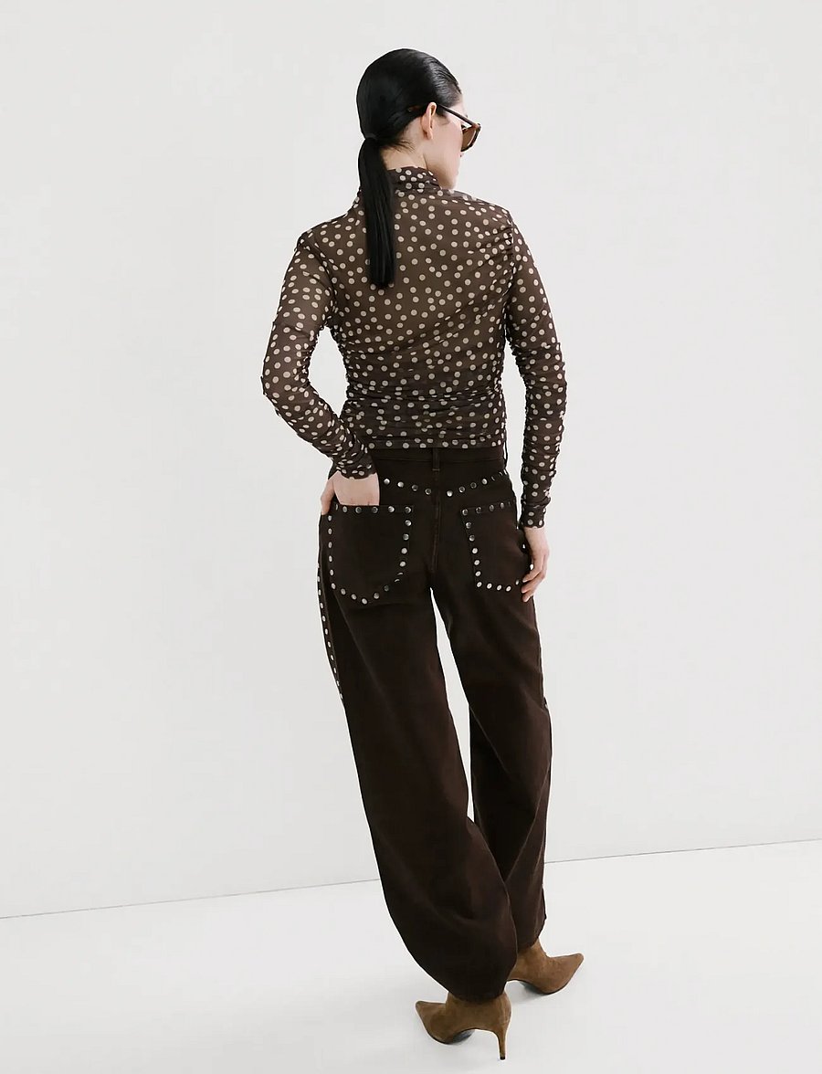 Mango - Ruched polka dot T-shirt - långärmade toppar - brown - 2