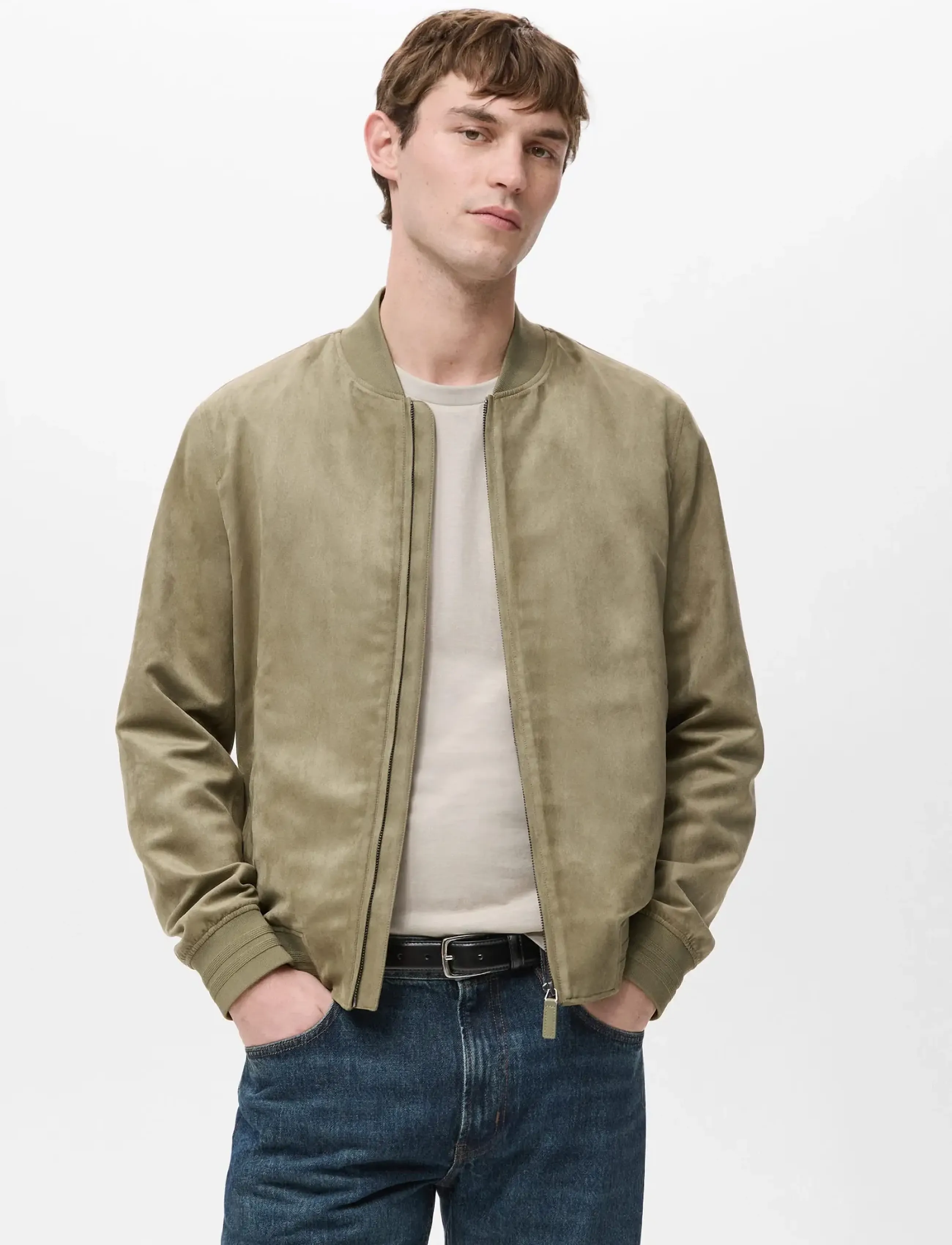 Mango Suede-Effect Bomber Jacket, XXL, Khaki green, Jakker > Bomberjakker, Herre