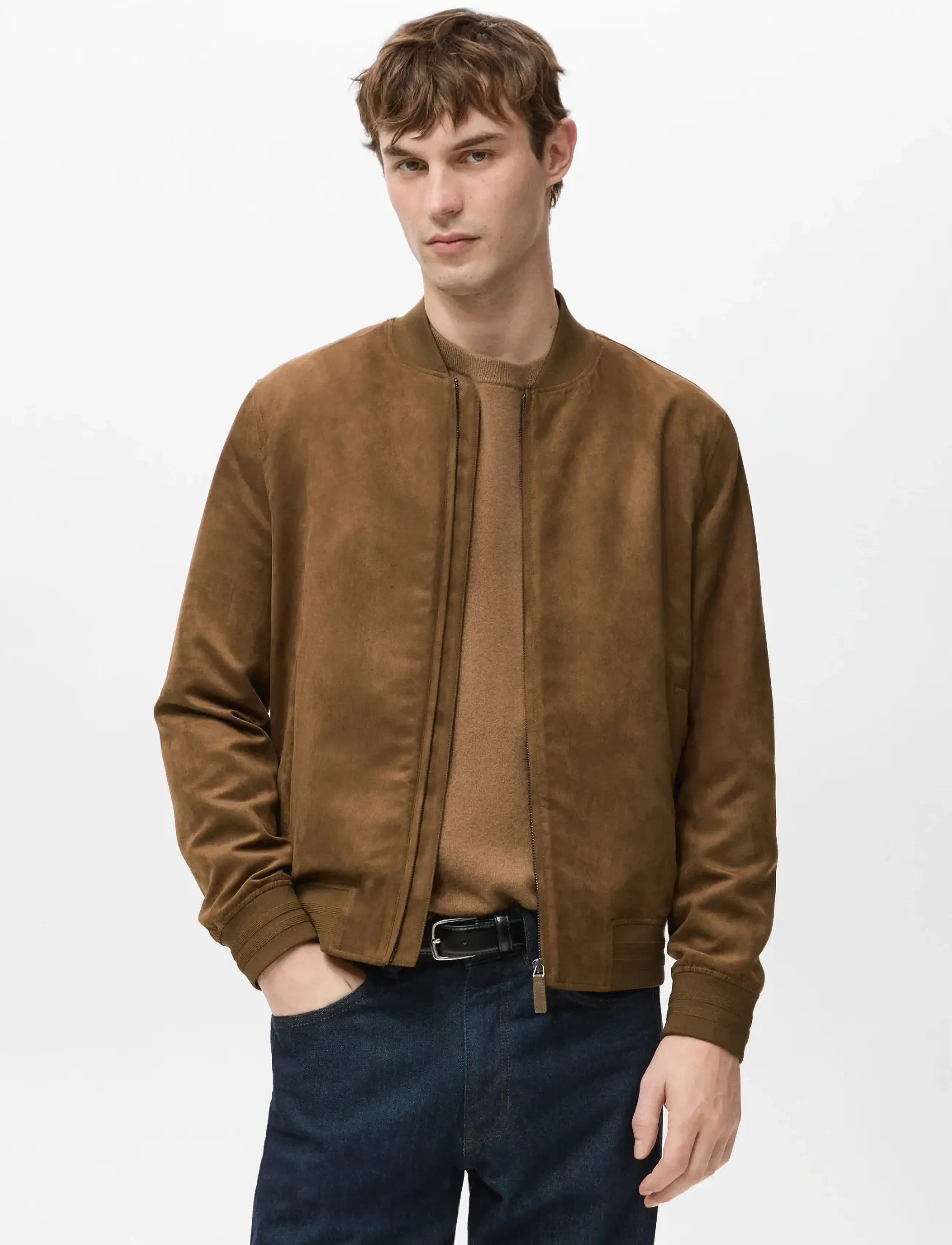 Mango Suede-Effect Bomber Jacket, L, Brown, Jakker > Bomberjakker, Herre
