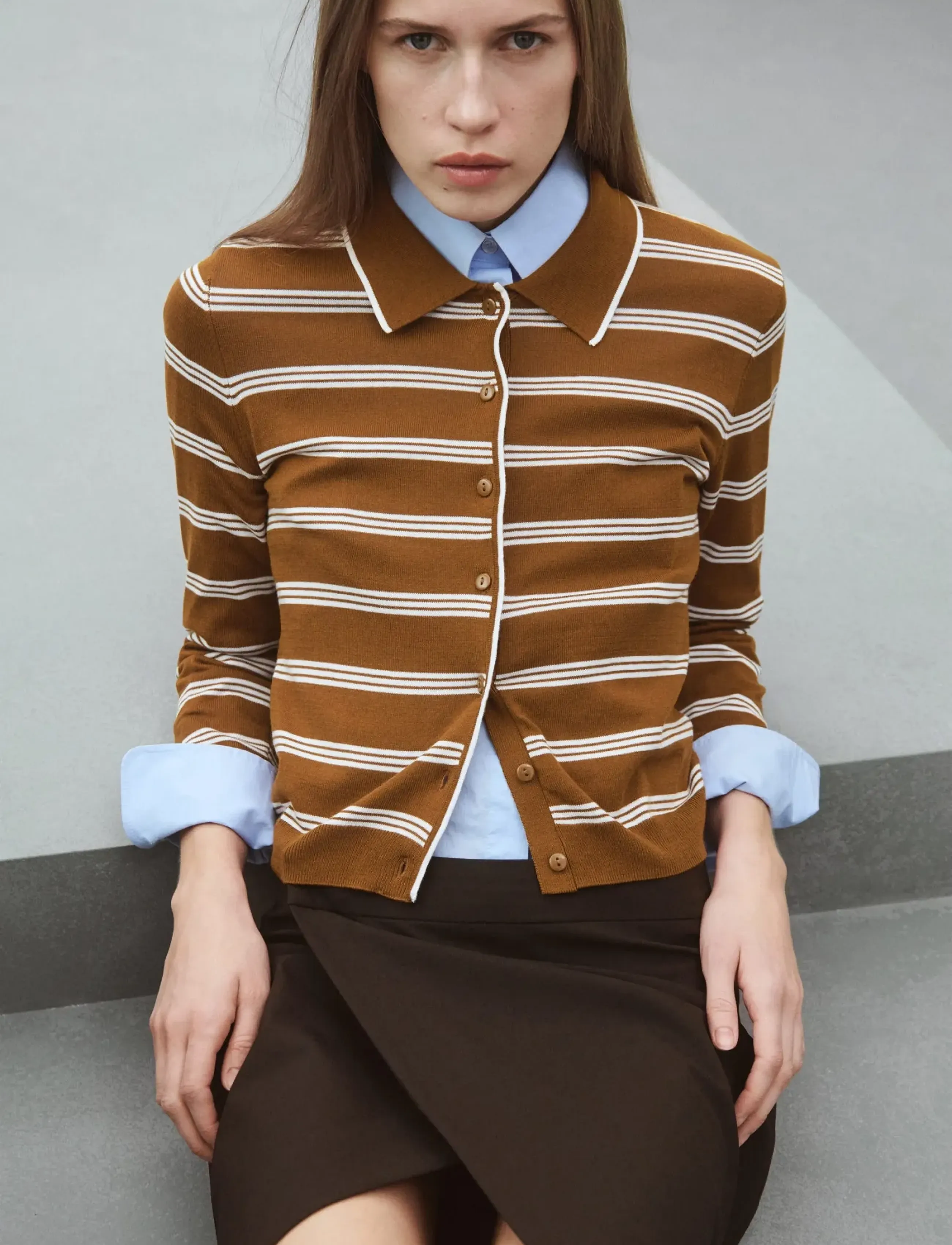 Mango Cardigan with shirt collar - Cardigans - DARK BROWN / brown