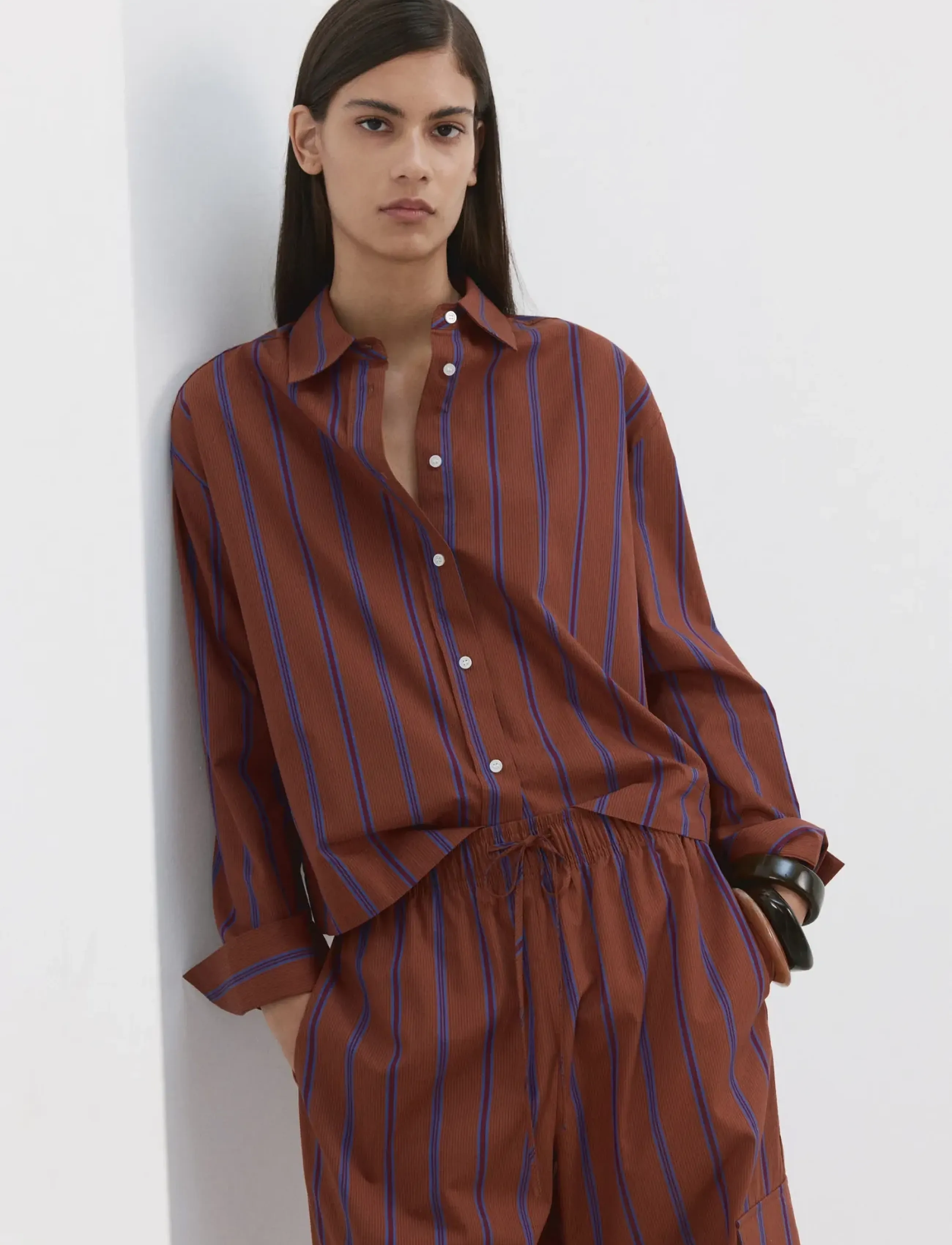 Mango Striped Cotton Shirt, M, Shirts, Burgunderrot - Long-sleeved, Frauen