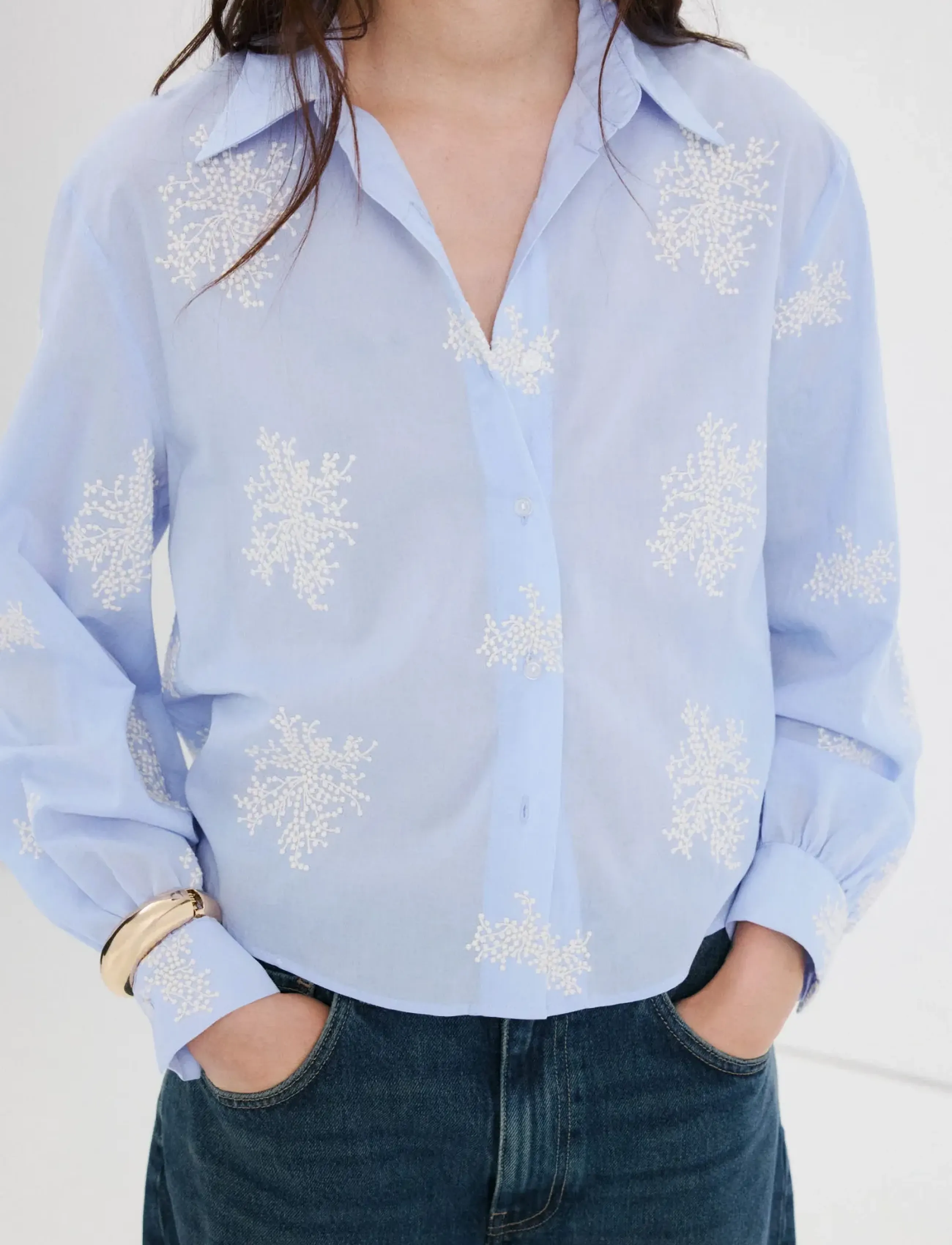 Mango Floral Embroidered Shirt, XL, Shirts, Blau - Long-sleeved, Frauen